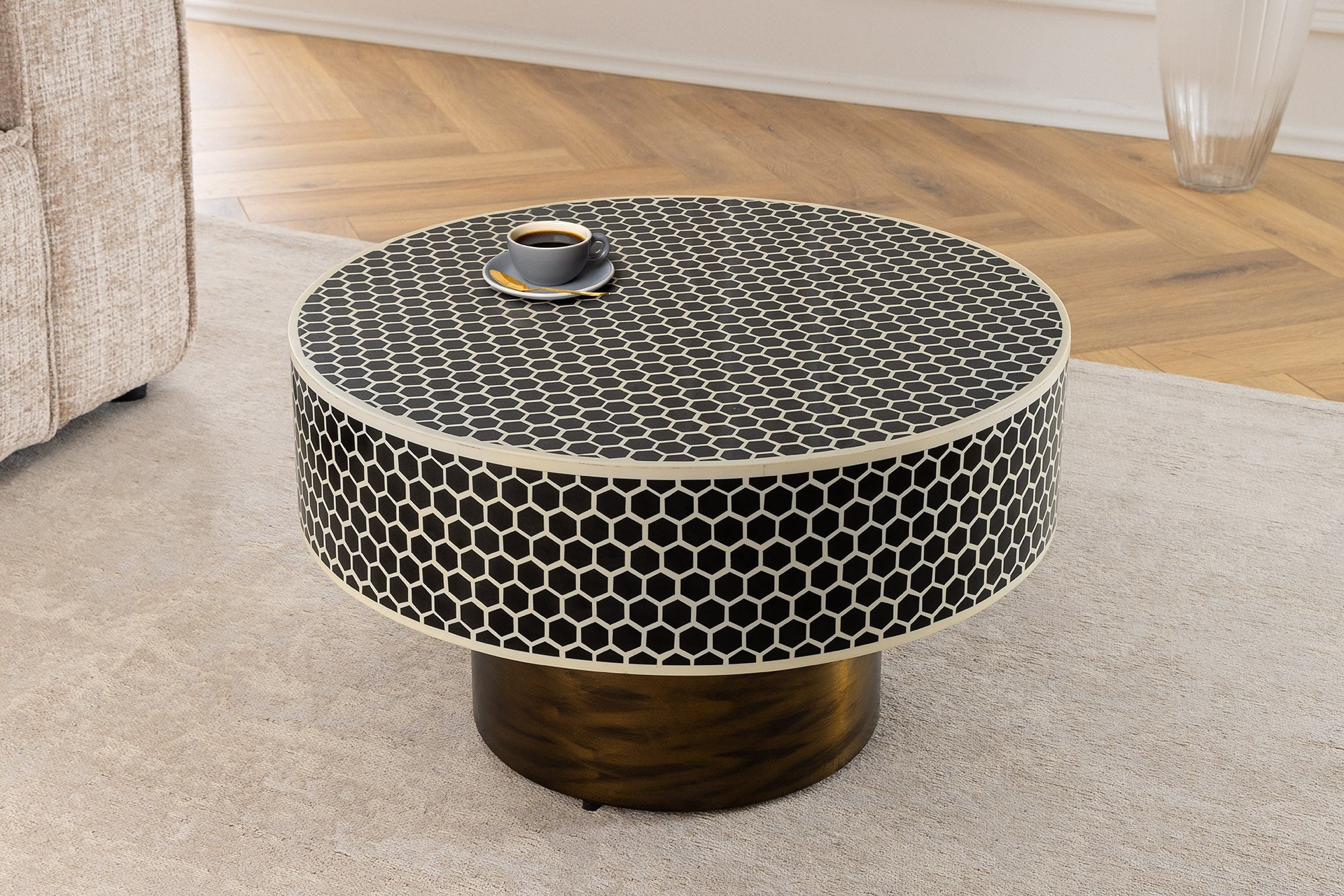 Ronde salontafel met beeninleg HARMONY NATURE 60 cm zwart witgouden inlegwerk - 45206 afbeelding