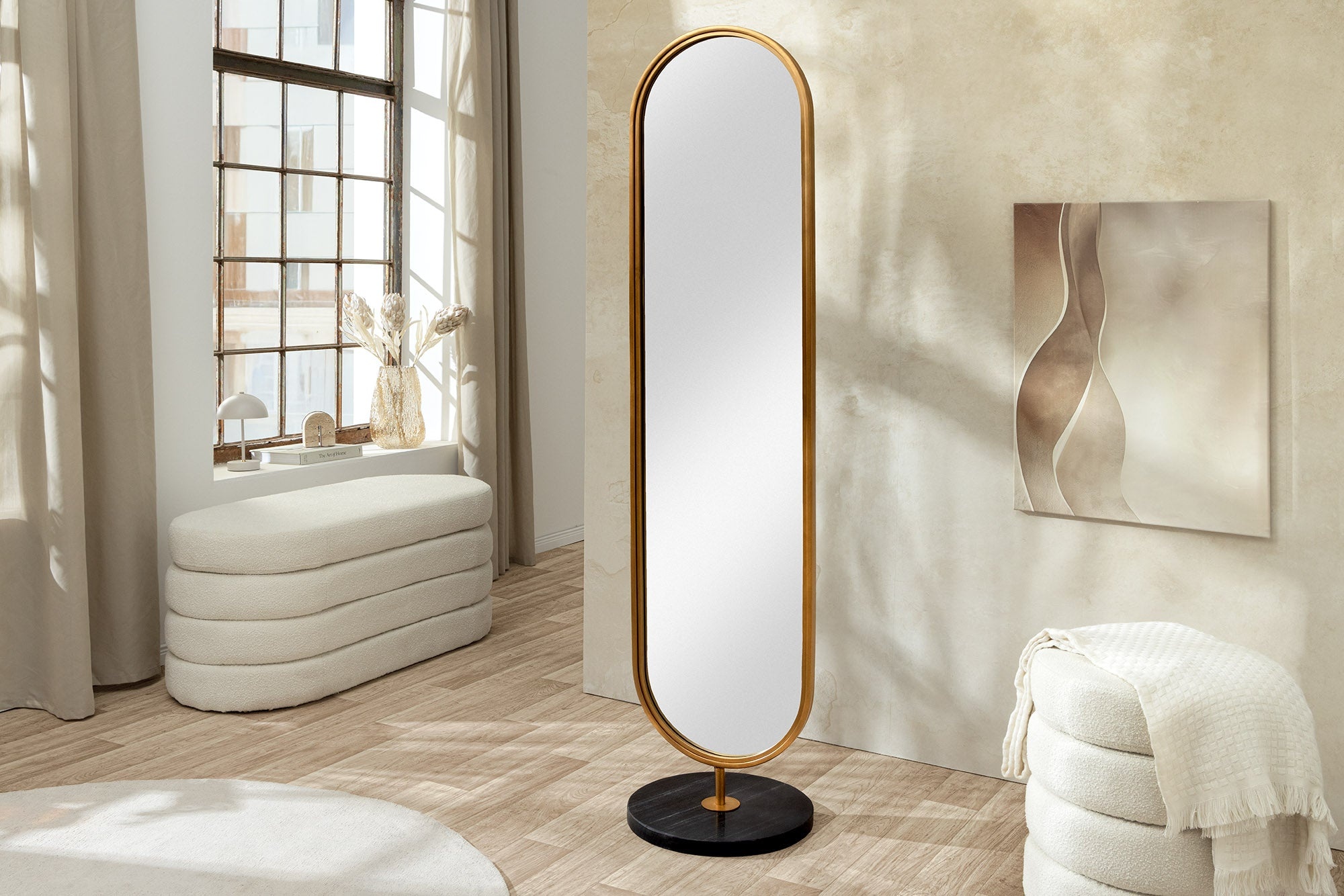 Ovale staande spiegel PORTRAIT 175cm goud ijzer zwart marmeren voet handgemaakt - 46100 afbeelding