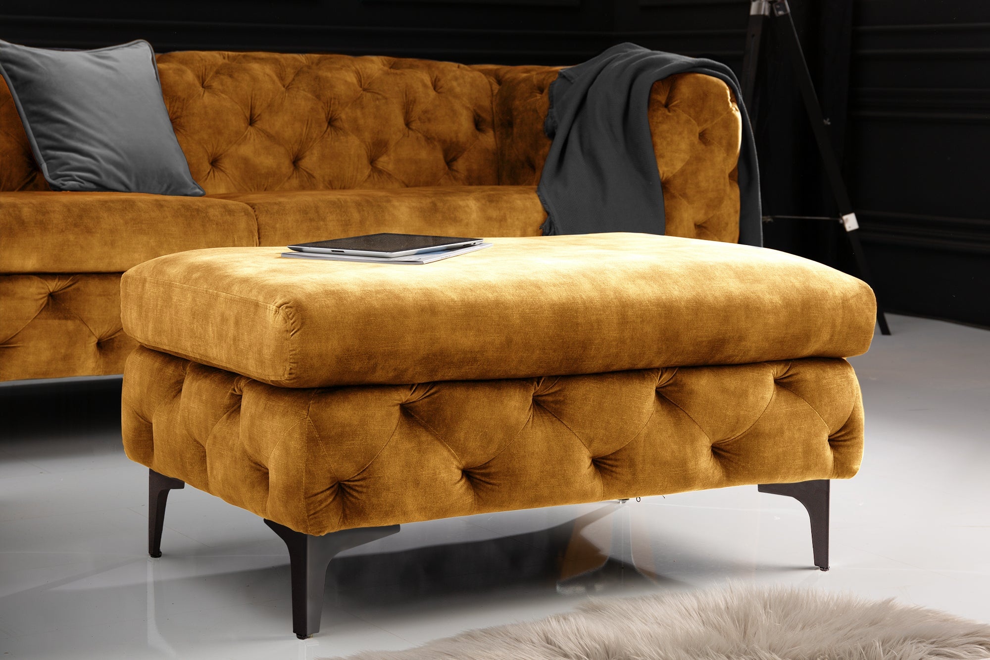 Chesterfield kruk MODERN BAROK 90cm mosterdgeel fluweel Ottomaanse voetenbank - 44395 afbeelding