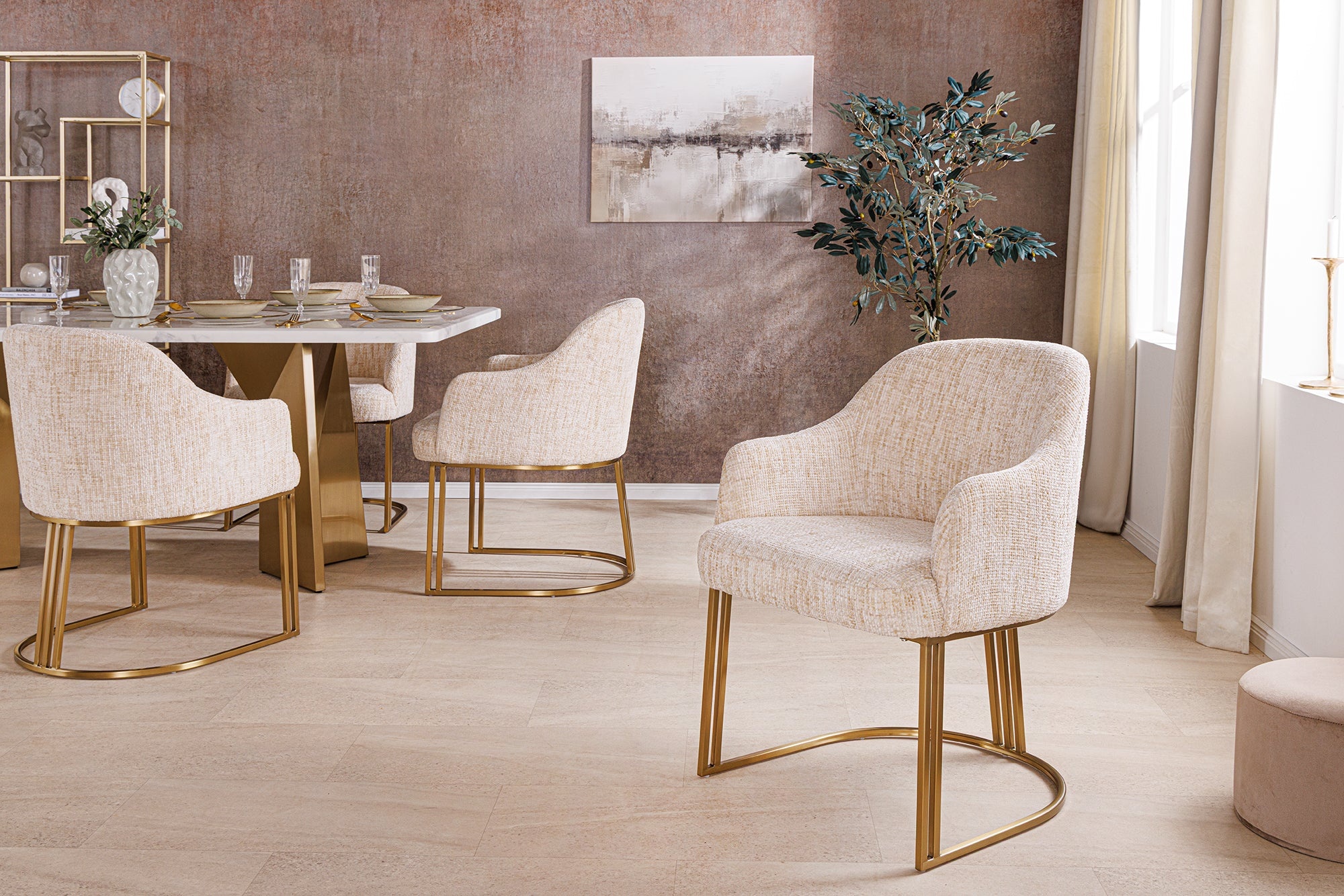 Armleuningen Stoel EXTRAVAGANCIA beige chenille stof geborsteld champagne goud metaal - 45927 afbeelding