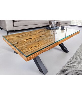 Invicta Interior Massieve salontafel BARRACUDA 110cm antiek naturel teakhout X-frame glazen blad - 6045679