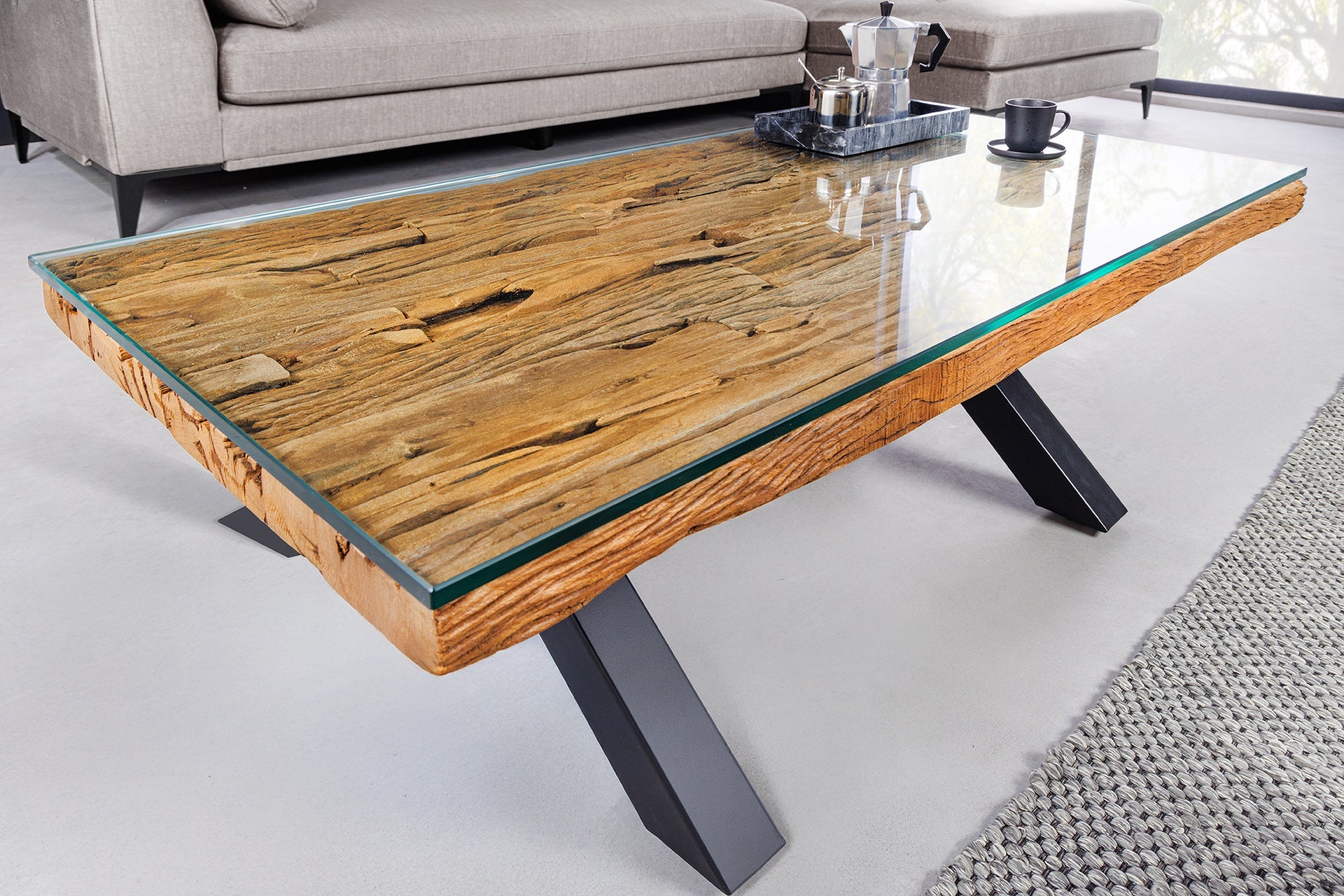 Massieve salontafel BARRACUDA 110cm antiek naturel teakhout X-frame glazen blad - 6045679 afbeelding