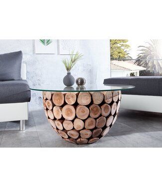 Invicta Interior Handgemaakte salontafel PURE NATURE 70cm massief teakhout rond met glazen blad - 37442-1