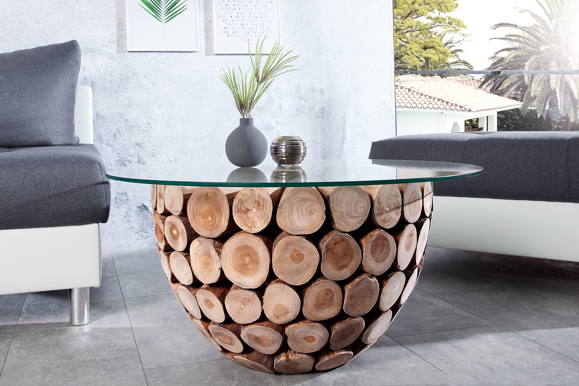 Handgemaakte salontafel PURE NATURE 70cm massief teakhout rond met glazen blad - 37442-1 afbeelding