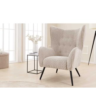 Invicta Interior Design XL fauteuil AMSTERDAM greige bouclé zwarte metalen poten retro stijl - 44483