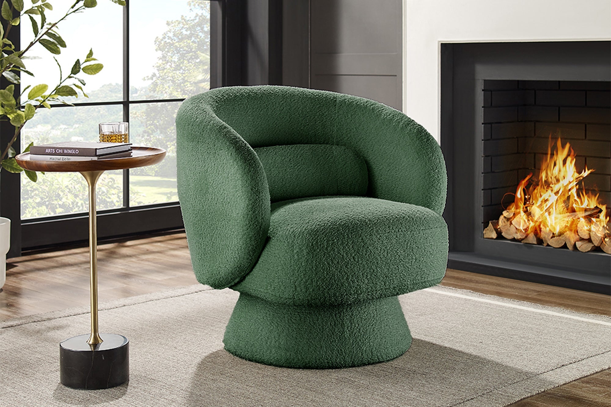 Draaibare design fauteuil BOSSA NOVA 80cm mosgroen bouclé - 45840 afbeelding