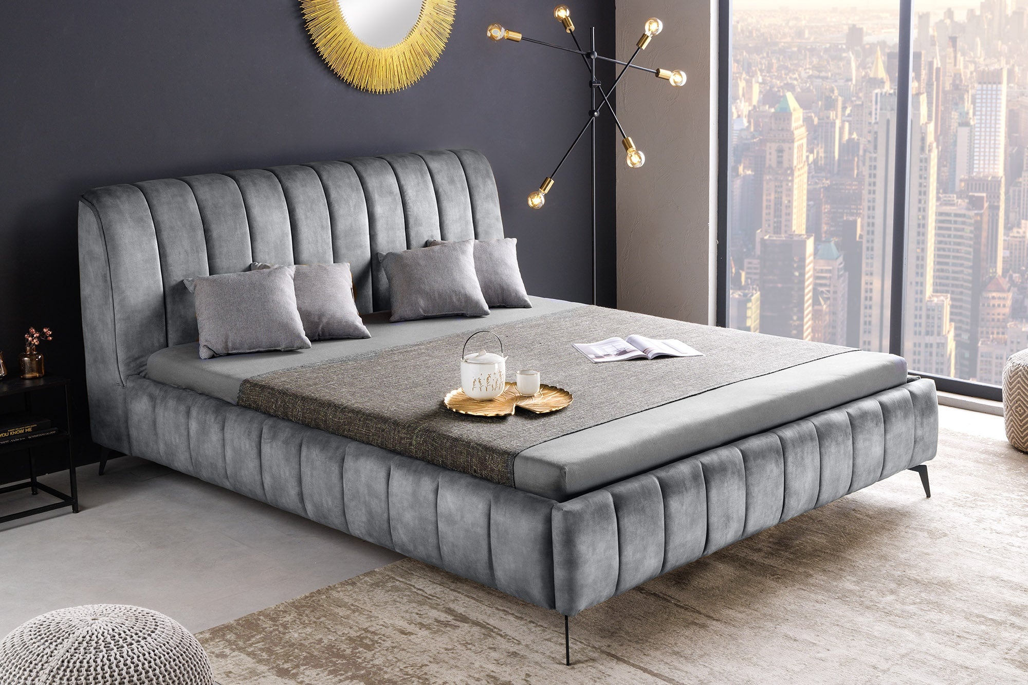 Retro Bed AMSTERDAM 160x200cm Grijs Fluweel Zwart Metaal Gestoffeerd Bed - 46163 afbeelding
