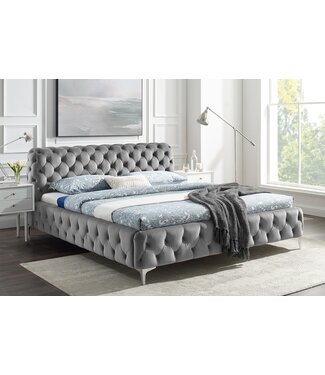 Invicta Interior Designbed MODERN BAROK 160x200cm grijs fluweel Chesterfield tweepersoonsbed - 46161