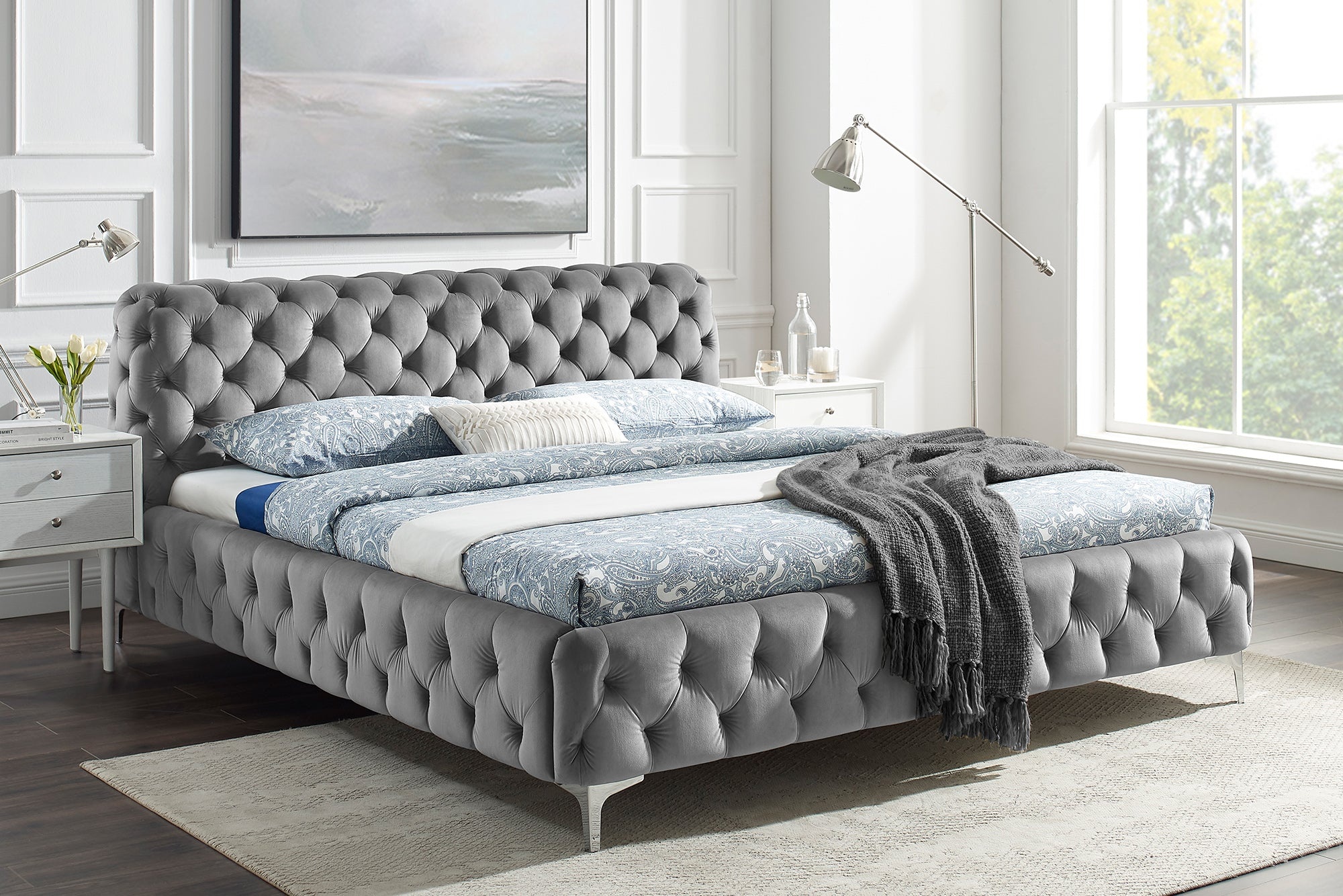 Designbed MODERN BAROK 160x200cm grijs fluweel Chesterfield tweepersoonsbed - 46161 afbeelding