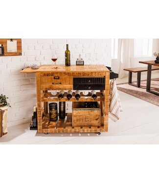 Invicta Interior Industriële barkast BODEGA 86 cm mangohouten serveerwagen met wijnrek en ophanging - 42305