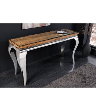 Invicta Interior Design Console Tafel MODERN BAROK 140cm Naturel Chroom Teak Roestvrij Stalen Glazen Blad - 44364