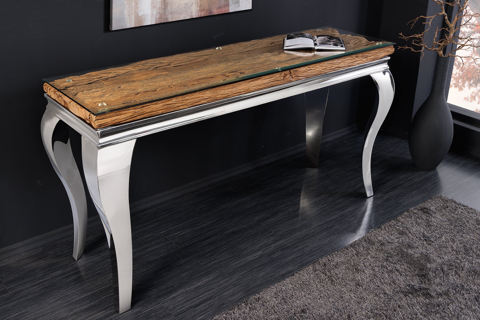 Design Console Tafel MODERN BAROK 140cm Naturel Chroom Teak Roestvrij Stalen Glazen Blad - 44364 afbeelding