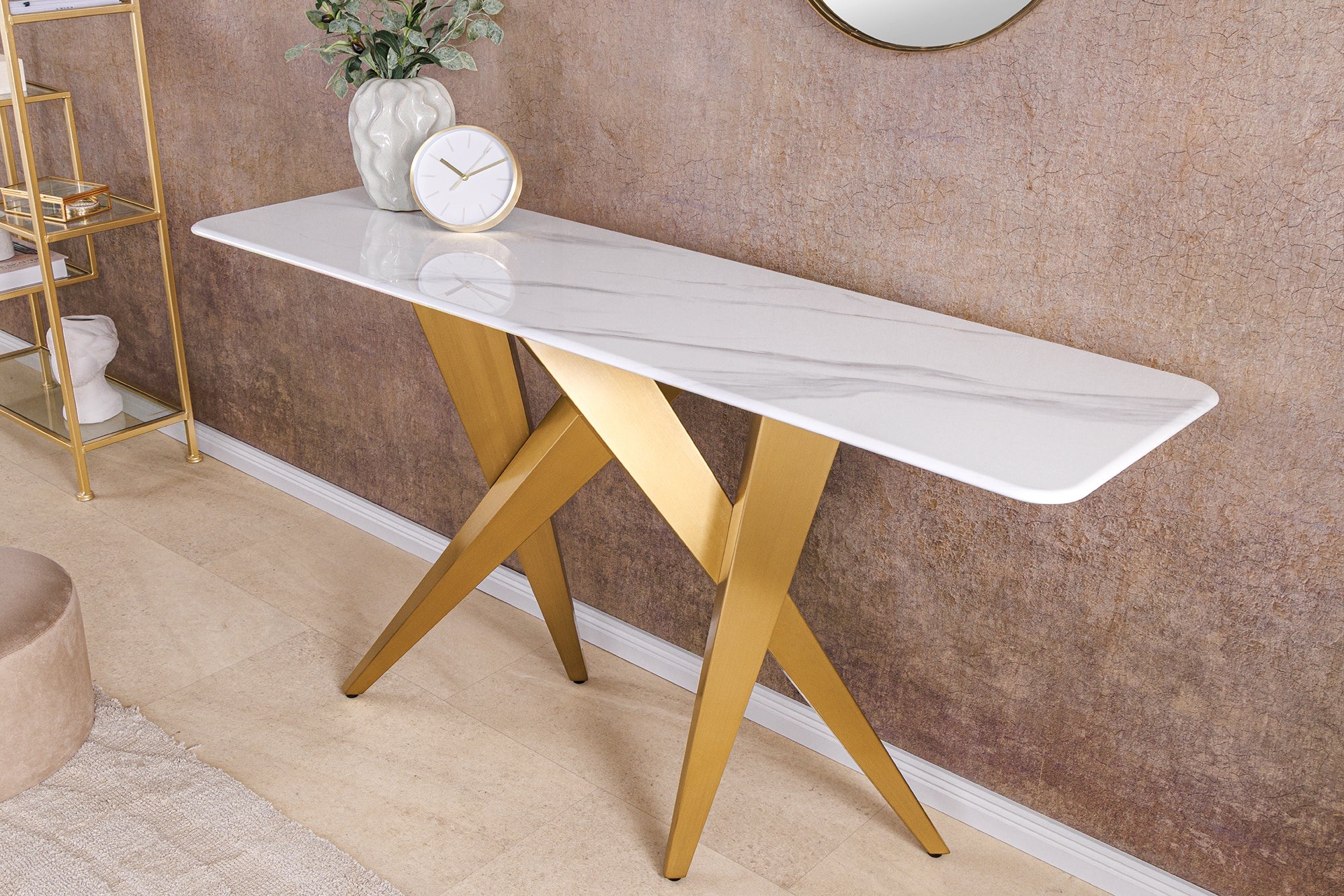 Design console tafel ART LIVING 140cm wit marmer keramiek champagne goud geborsteld - 46203 afbeelding