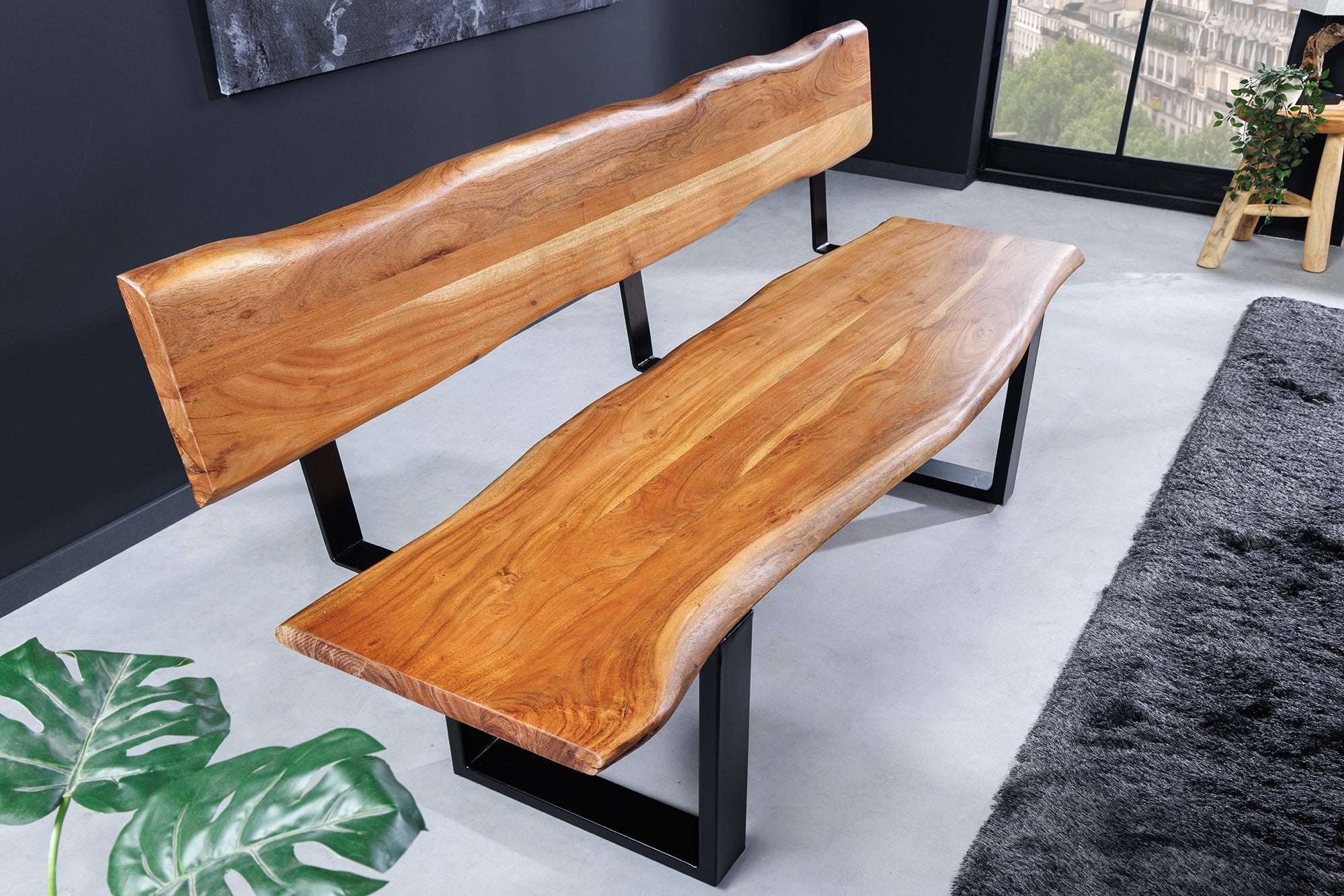 Massief houten bank MAMMUT 160cm natuurlijke acaciaboom rand met rugleuning zwart metalen frame - 46153 afbeelding