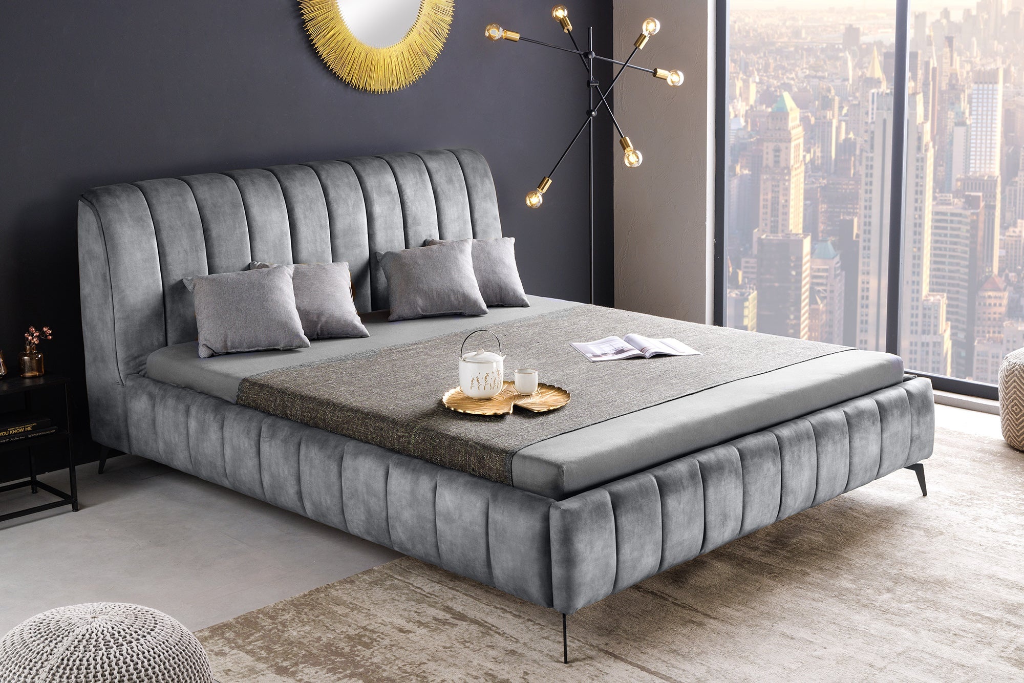 Retro Bed AMSTERDAM 180x200cm Grijs Fluweel Zwart Metaal Gestoffeerd Bed - 46164 afbeelding