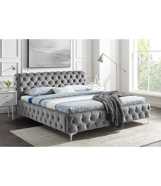 Invicta Interior Design tweepersoonsbed MODERN BAROK 180x200cm grijs fluweel Chesterfield - 46162