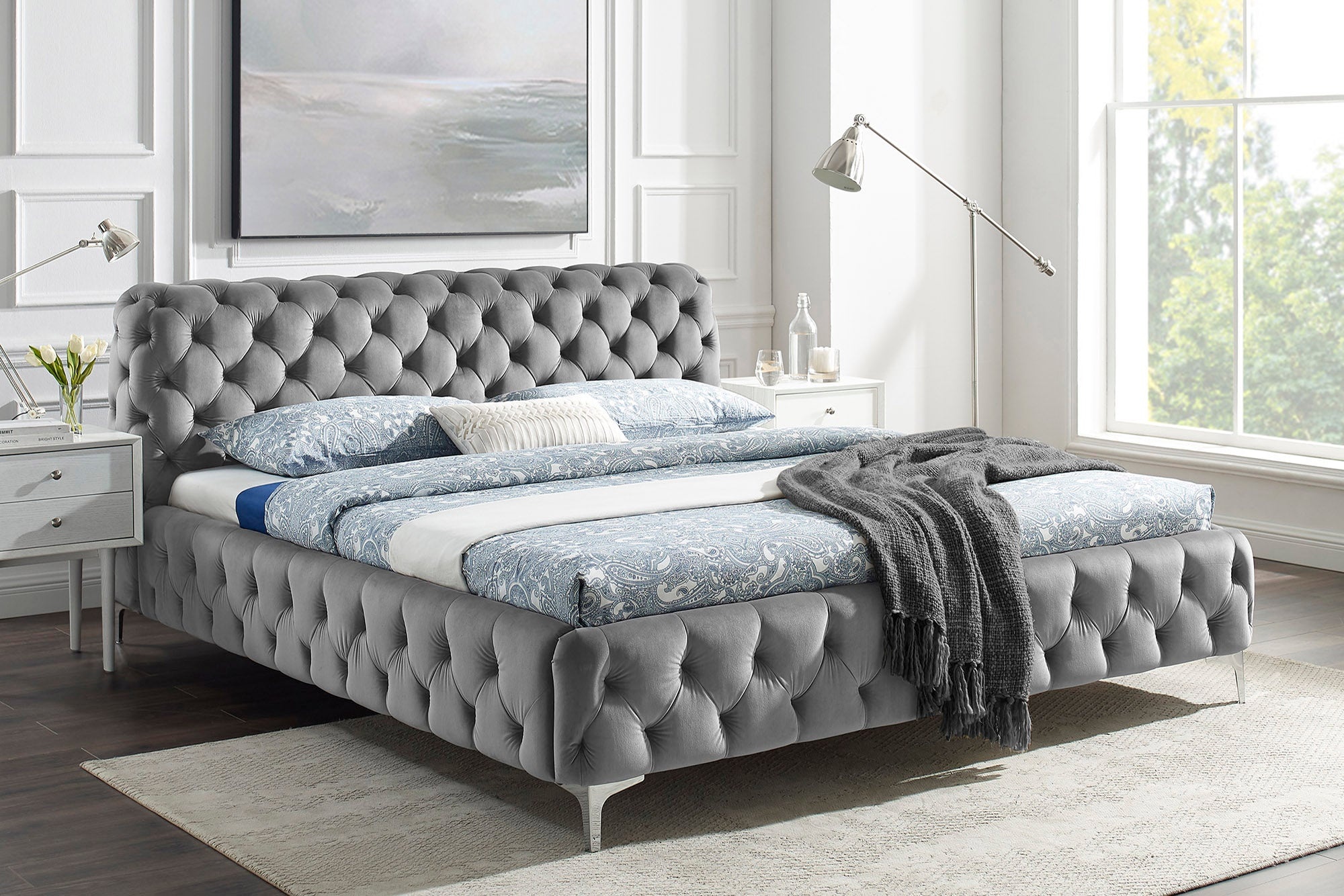 Design tweepersoonsbed MODERN BAROK 180x200cm grijs fluweel Chesterfield - 46162 afbeelding