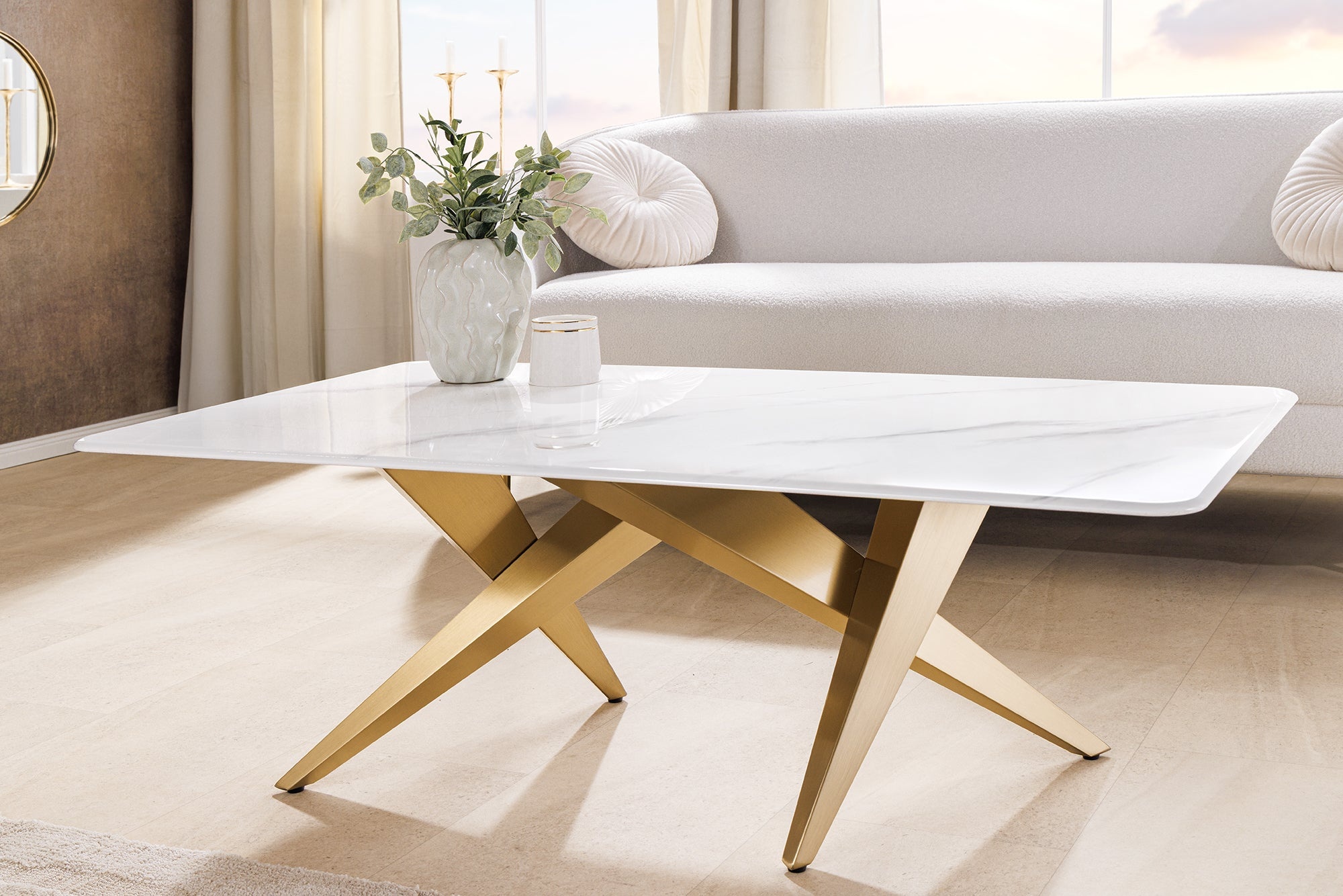 Moderne salontafel ART LIVING 130cm wit marmer keramiek champagne goud geborsteld - 46204 afbeelding