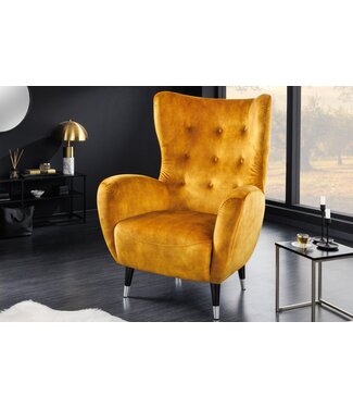 Invicta Interior Retro Design Fauteuil DON Mosterdgeel Fluweel Lente Zilveren Neus - 45971