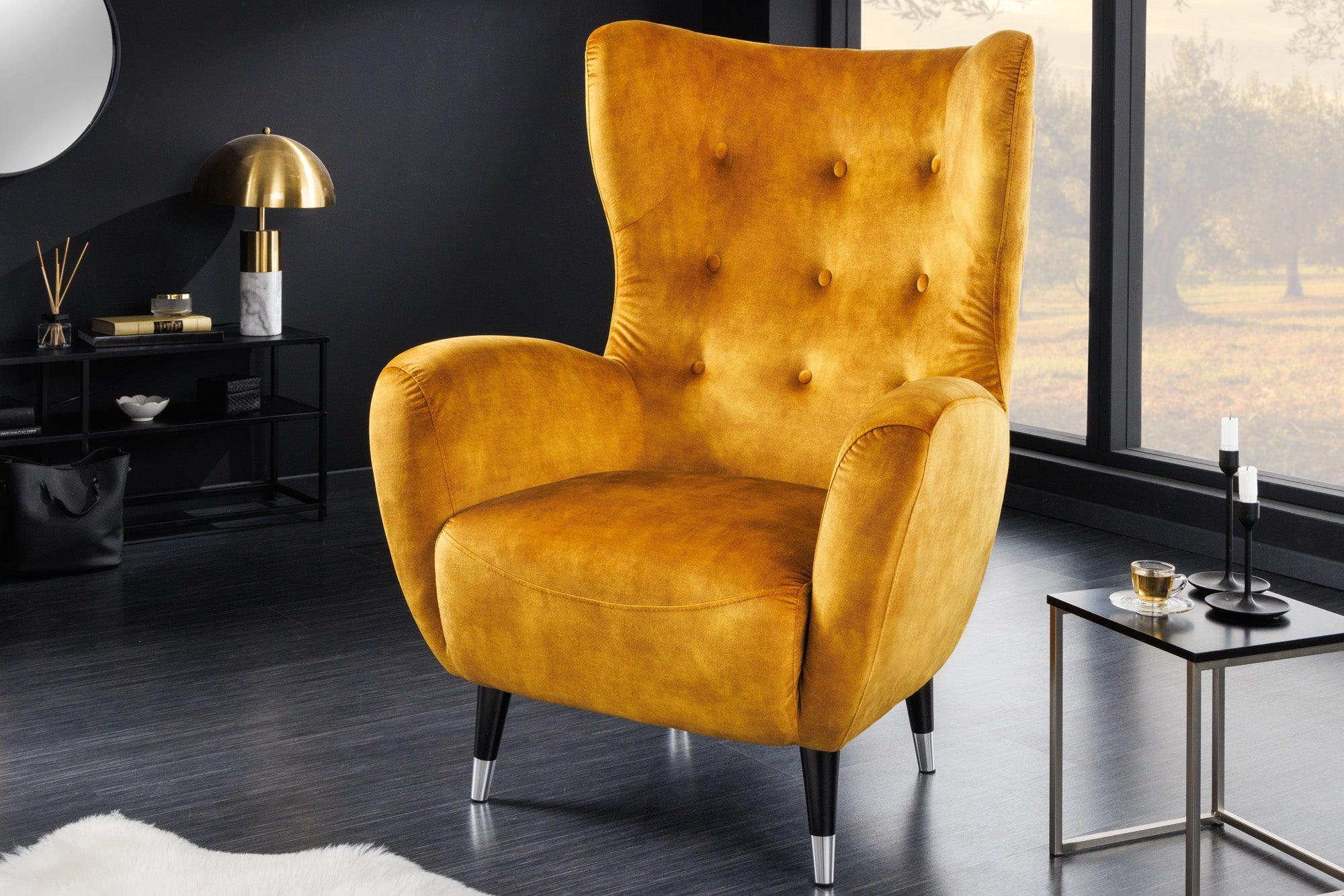Retro Design Fauteuil DON Mosterdgeel Fluweel Lente Zilveren Neus - 45971 afbeelding