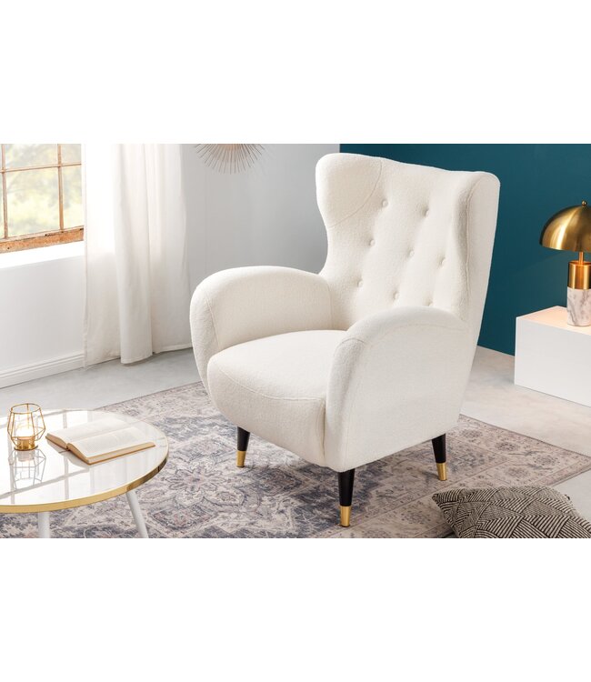 Invicta Interior Retro Design Fauteuil DON Wit Bouclé Innerspring Gouden Neus - 45970