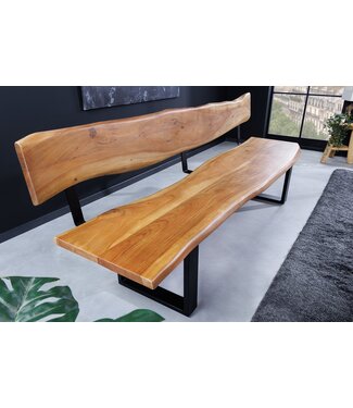 Invicta Interior Massief houten bank MAMMUT 200cm natuurlijke acaciaboom rand met rugleuning zwart metalen frame - 46154