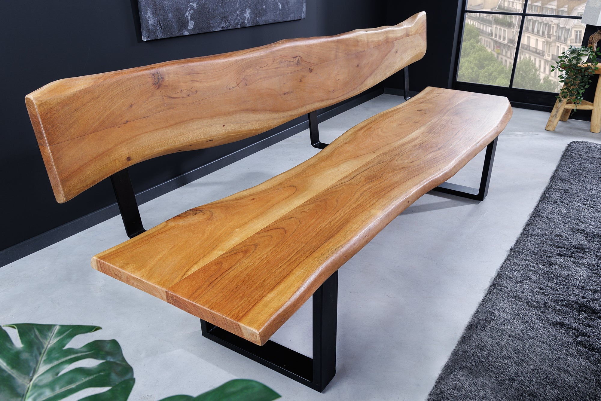Massief houten bank MAMMUT 200cm natuurlijke acaciaboom rand met rugleuning zwart metalen frame - 46154 afbeelding