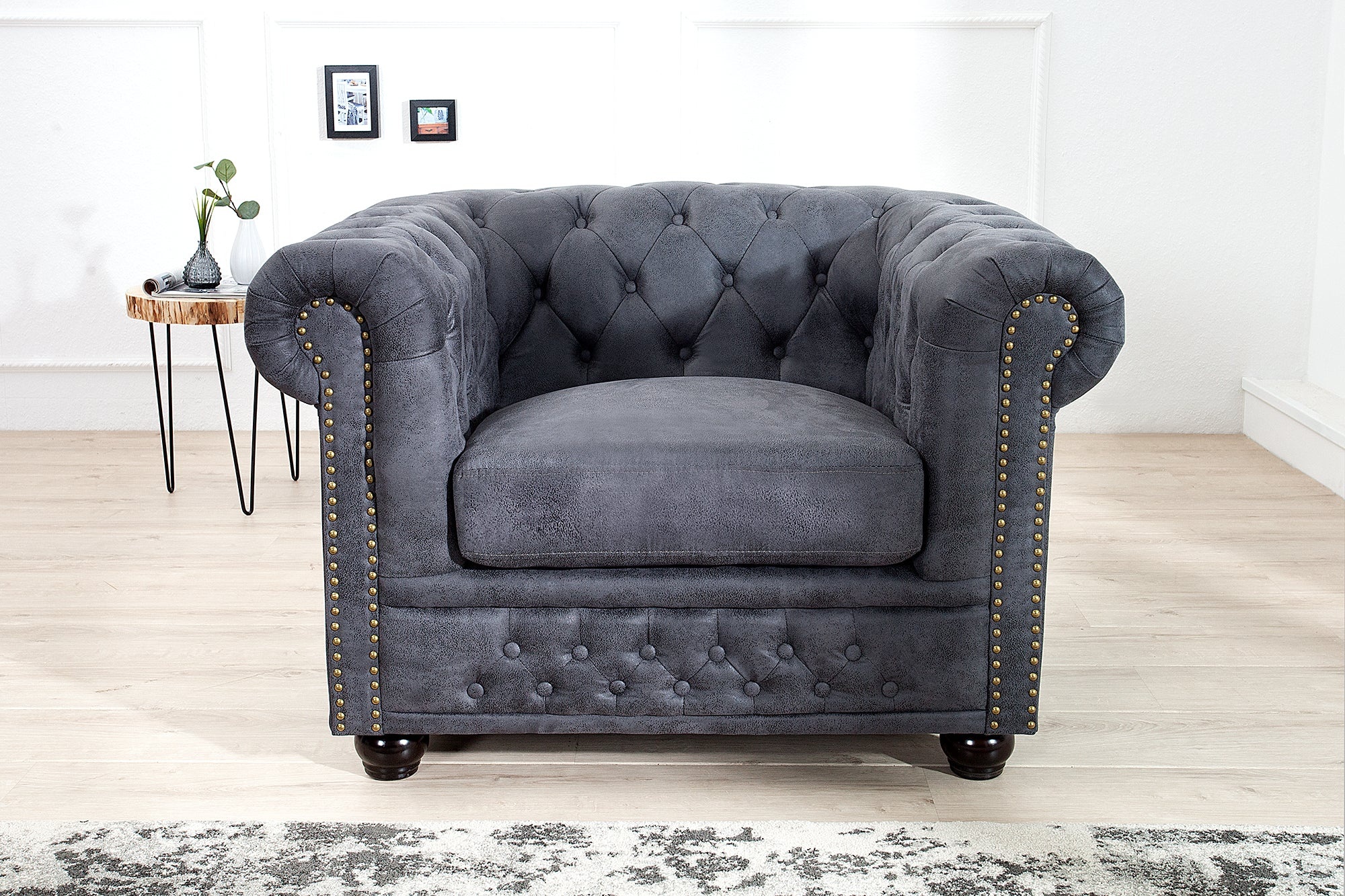 Chesterfield Fauteuil 105cm antiek grijs met knoopstiksels en veerkern - 37389 afbeelding
