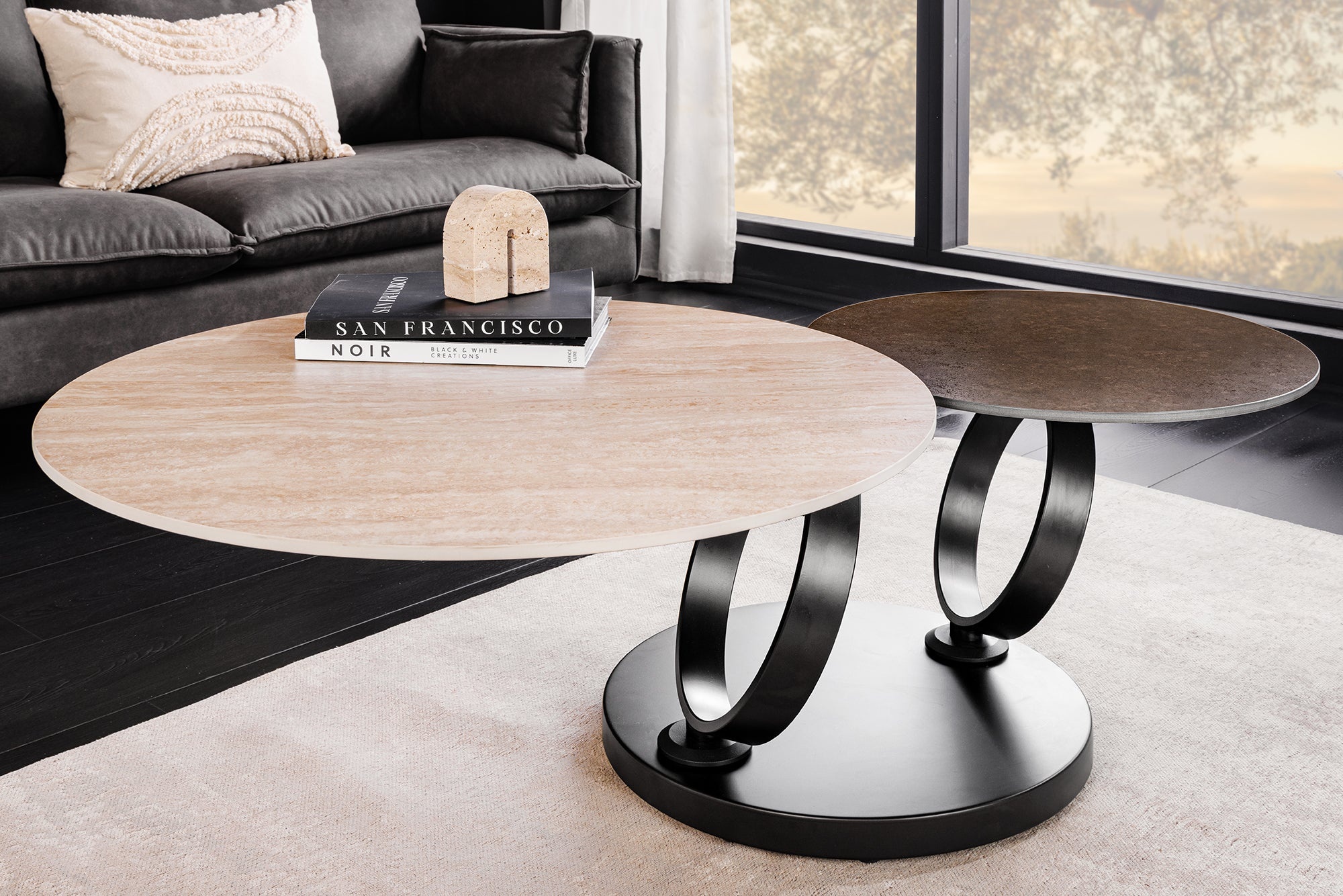 Design salontafel DANCING RINGS roest ronde draaibare travertijn keramiek brons frame - 46316 afbeelding