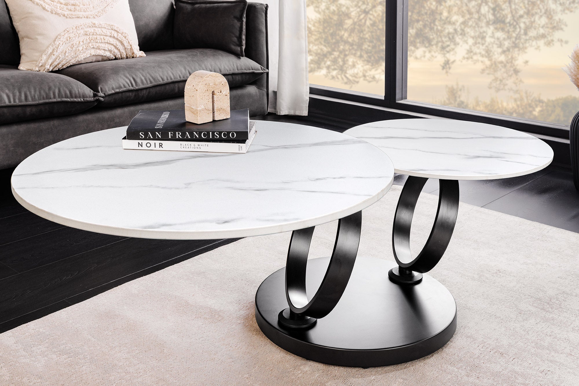 Design salontafel DANCING RINGS wit ronde draaibaar marmer keramiek zwart metaal - 46356 afbeelding
