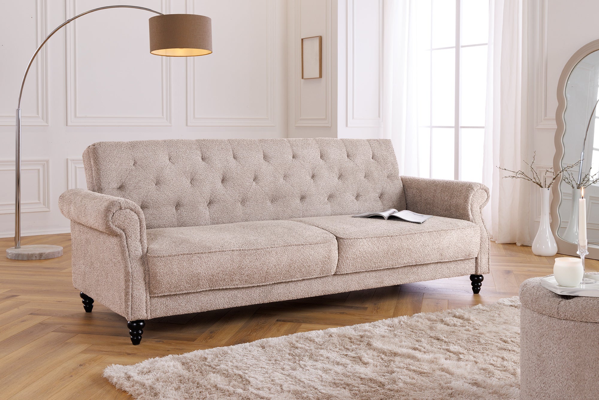 Chesterfield 3-zitsbank MAISON BELLE AFFAIRE 220cm greige bouclé met slaapfunctie - 44236 afbeelding