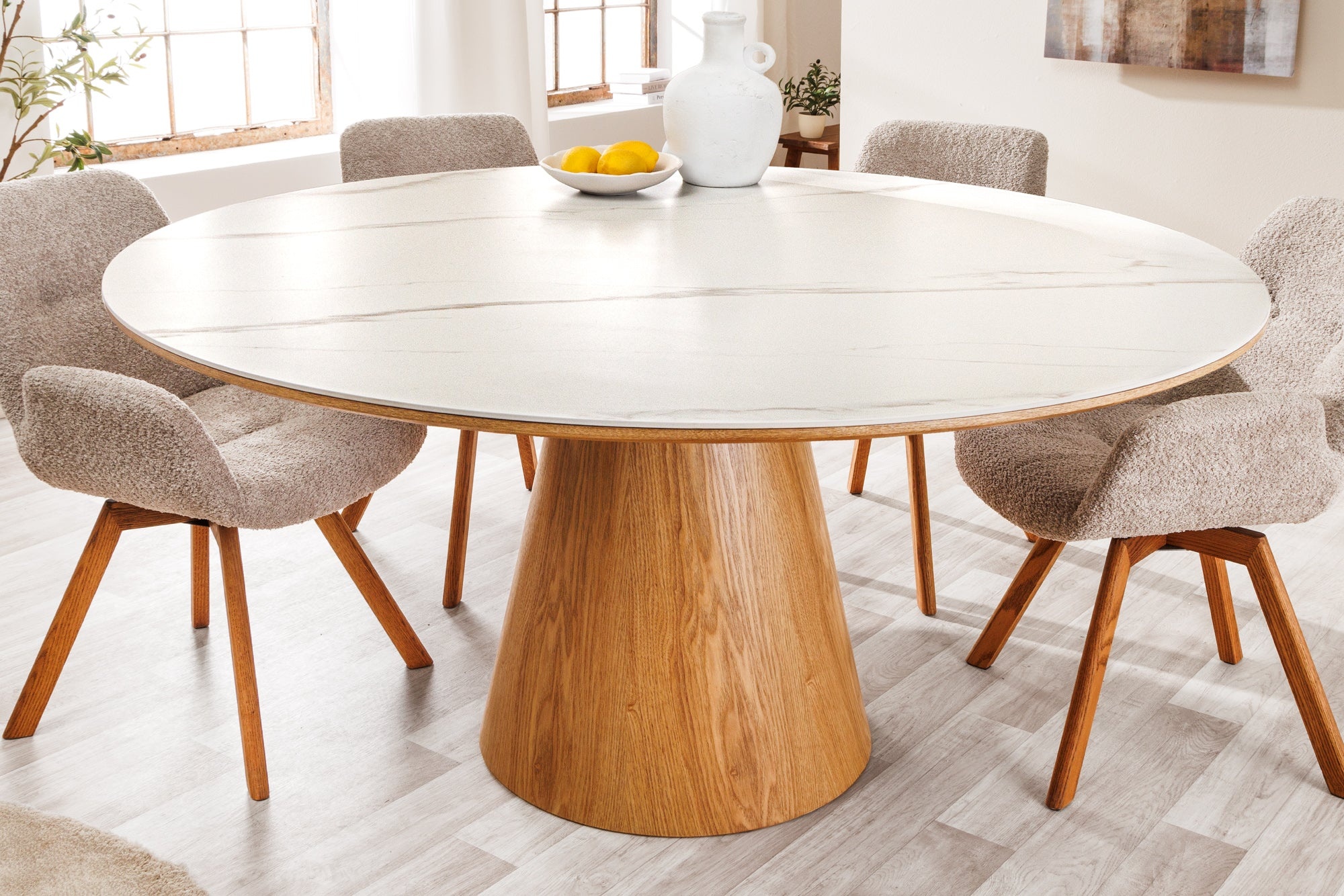 Ronde eettafel UNIQUE 120 cm wit natuurlijk eiken keramiek marmeren kolomvoet - 45143 afbeelding