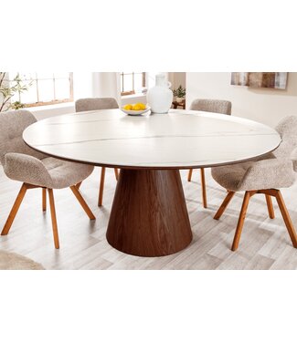 Invicta Interior Ronde eettafel UNIQUE 120cm Wit Bruin Walnoot Hout Keramiek Marmeren Kolom Onderstel - 45144