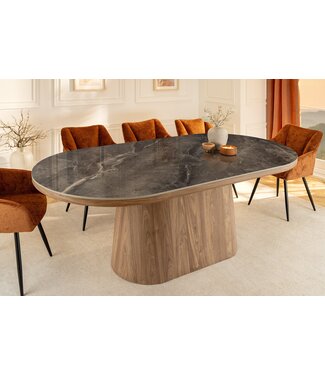 Invicta Interior Ovale eettafel UNIQUE 200cm Grijsbruin Keramiek Walnoot Kolomvoet - 46380