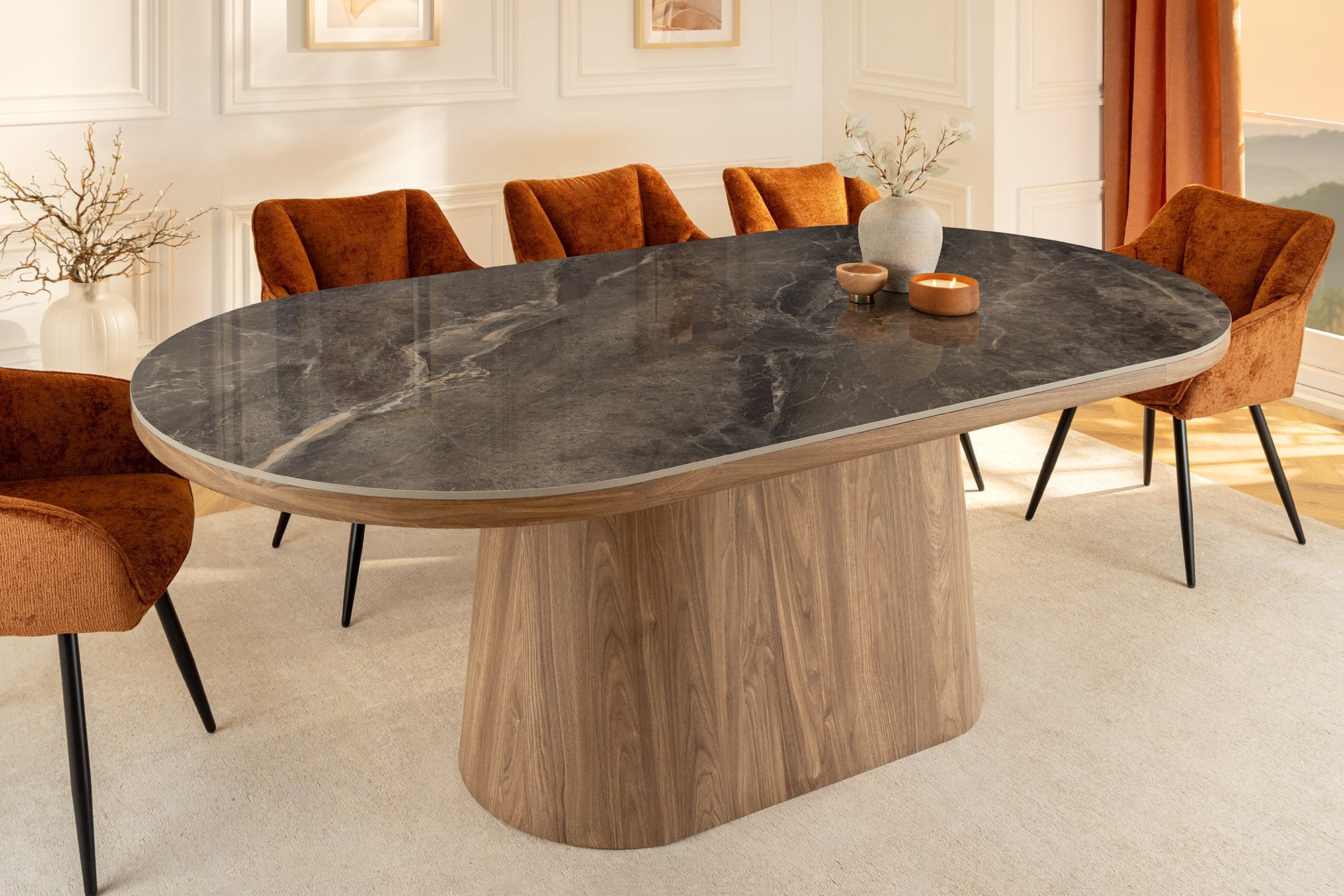 Ovale eettafel UNIQUE 200cm Grijsbruin Keramiek Walnoot Kolomvoet - 46380 afbeelding