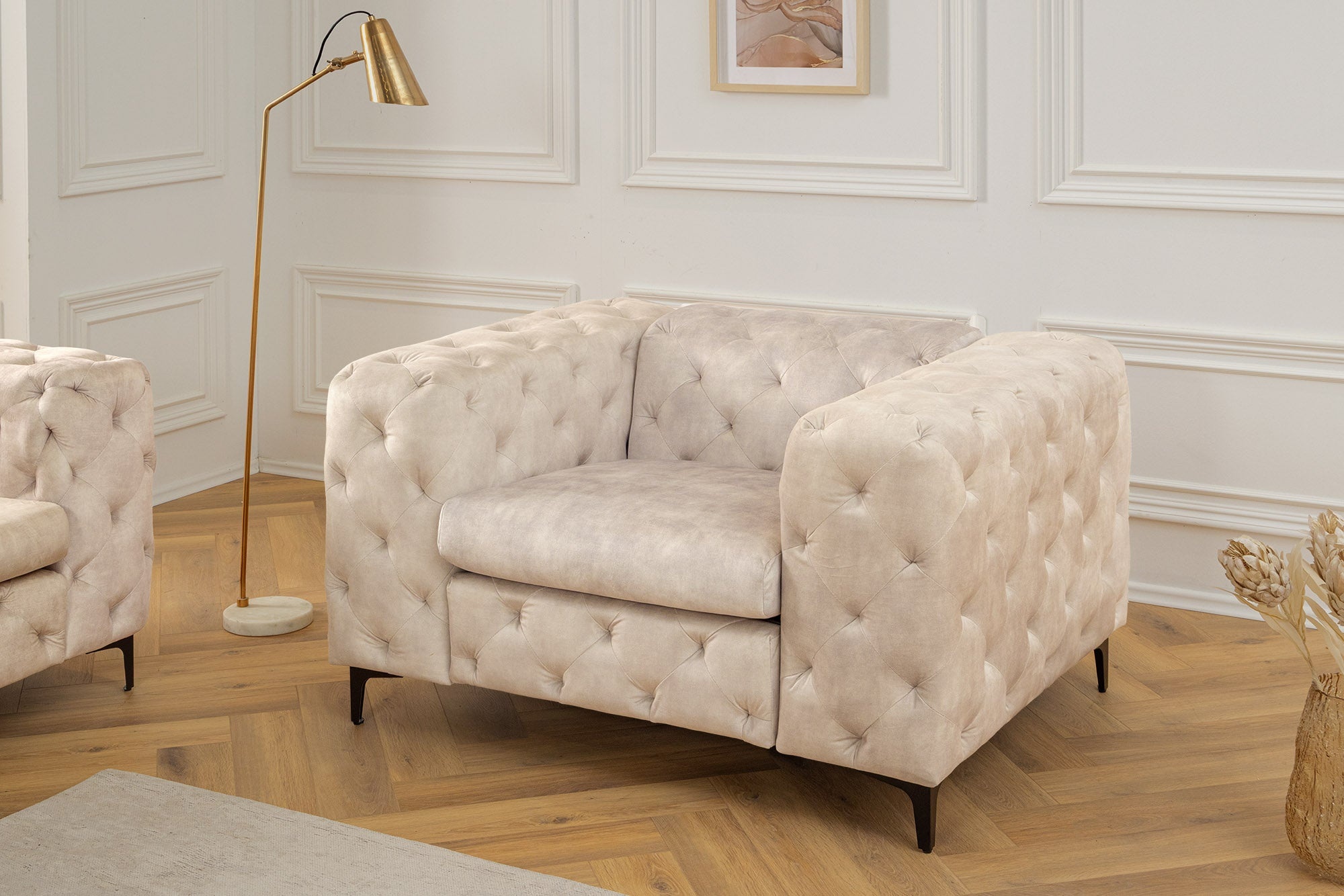 Design Chesterfield Fauteuil MODERN BAROK 120cm champagne beige fluweel veerkern - 45985 afbeelding