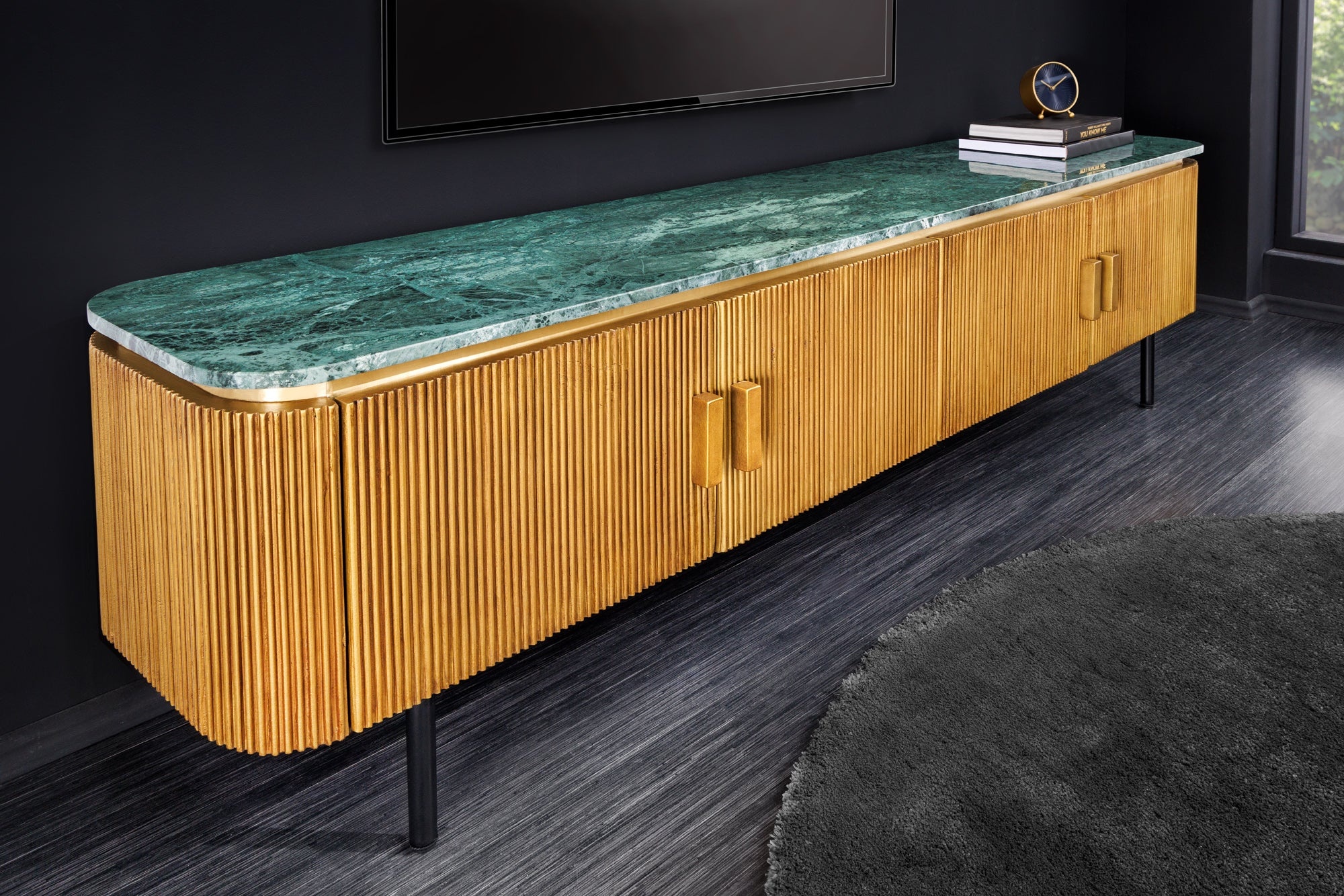 Design TV-bord VENEZIANO 160 cm messing groen marmeren blad mangohout retro - 44534 afbeelding