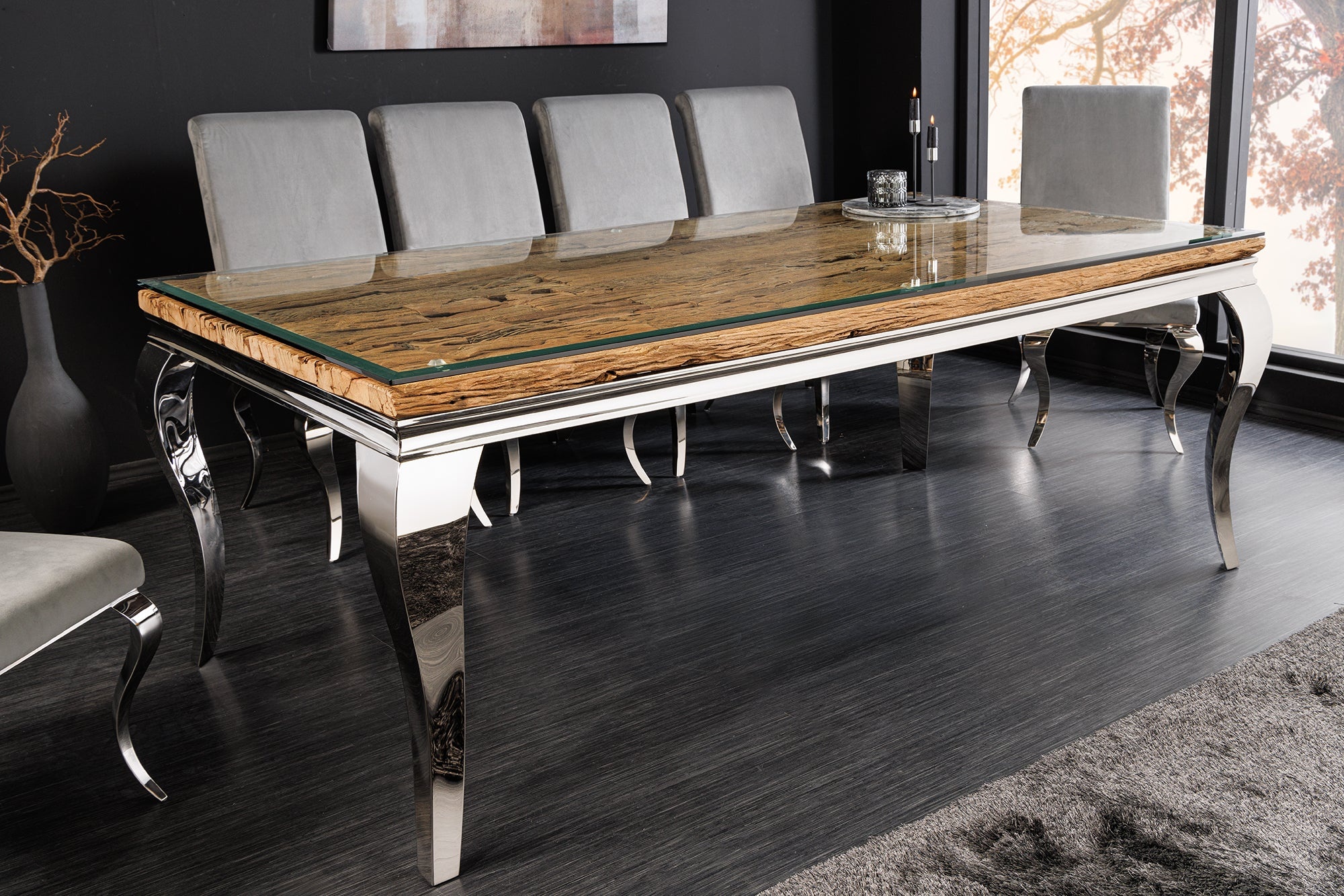 Design eettafel MODERN BAROK 200 cm naturel chroom teakhouten roestvrijstalen blad - 6044363 afbeelding