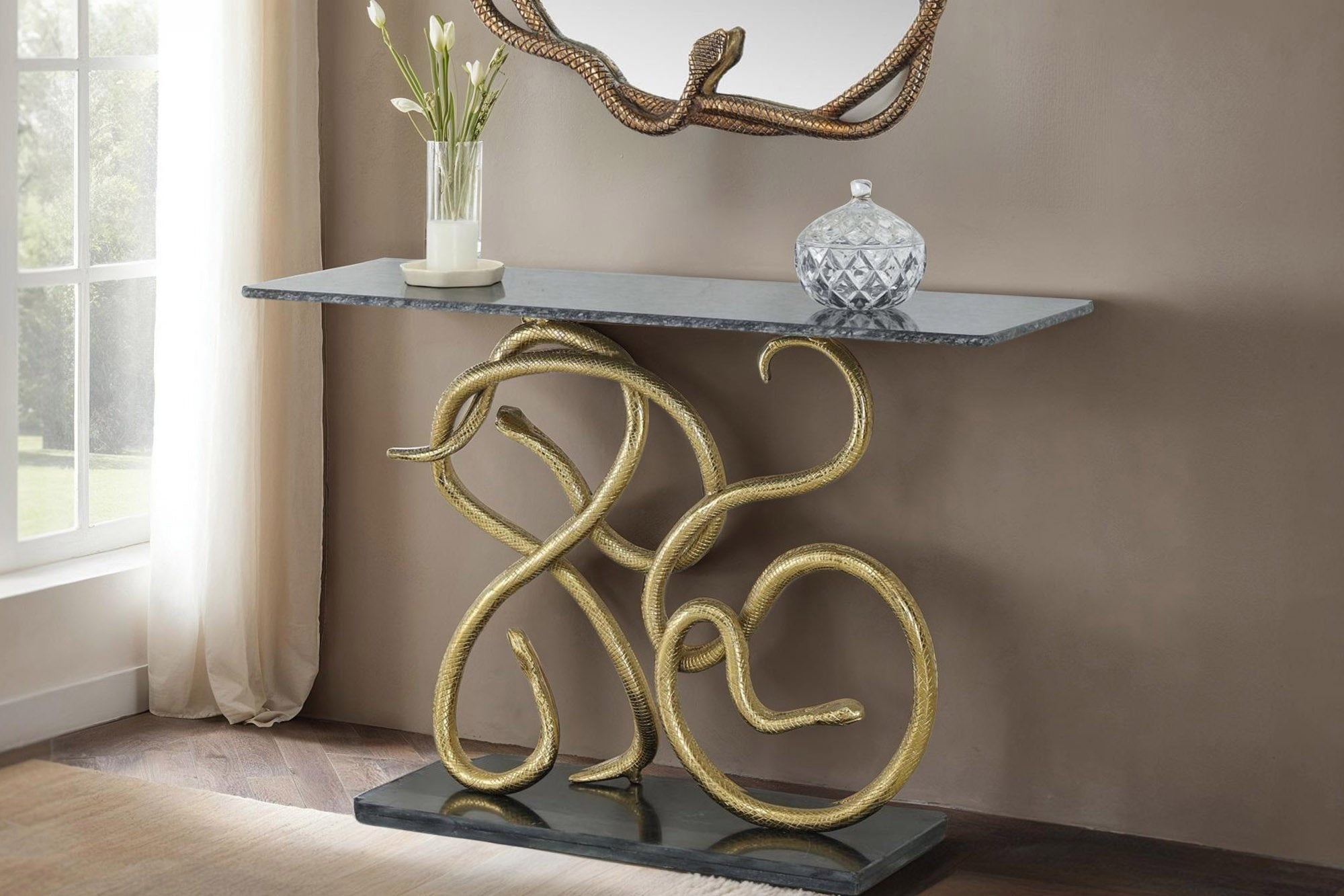 Extravagante consoletafel WILDLIFE SNAKE 115 cm zwart goud marmeren slangensculptuur - 45030 afbeelding
