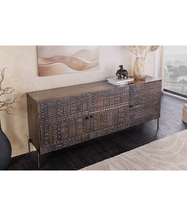 Invicta Interior Massief dressoir TRIBAL 180cm antiek bruin mangohout 3D front veel opbergruimte - 45995