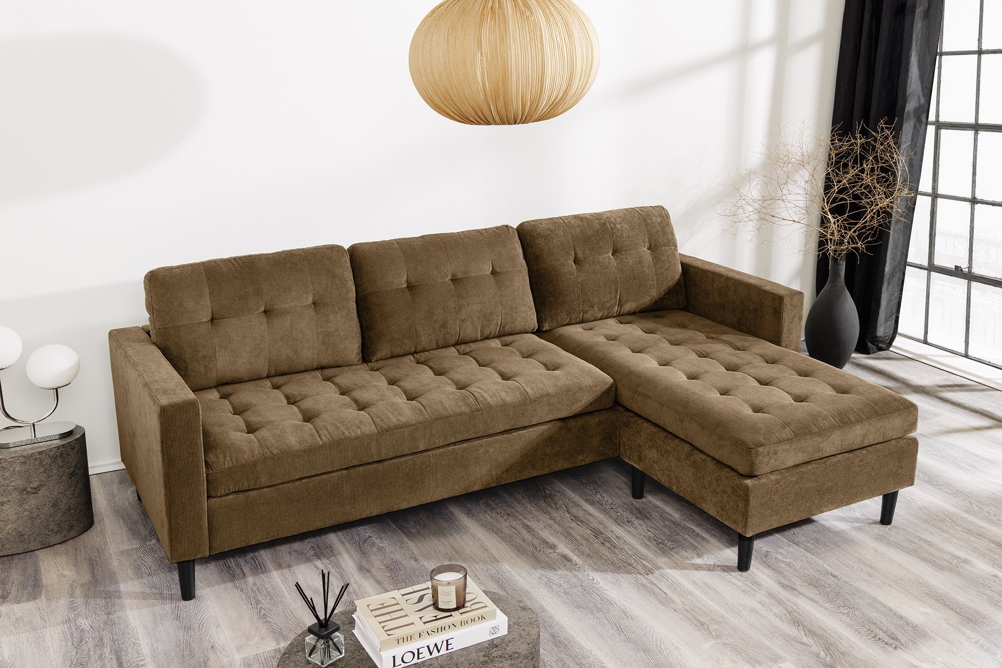 Retro hoekbank STOCKHOLM 220cm bruin corduroy Spring Core 3-zits - 44153 afbeelding