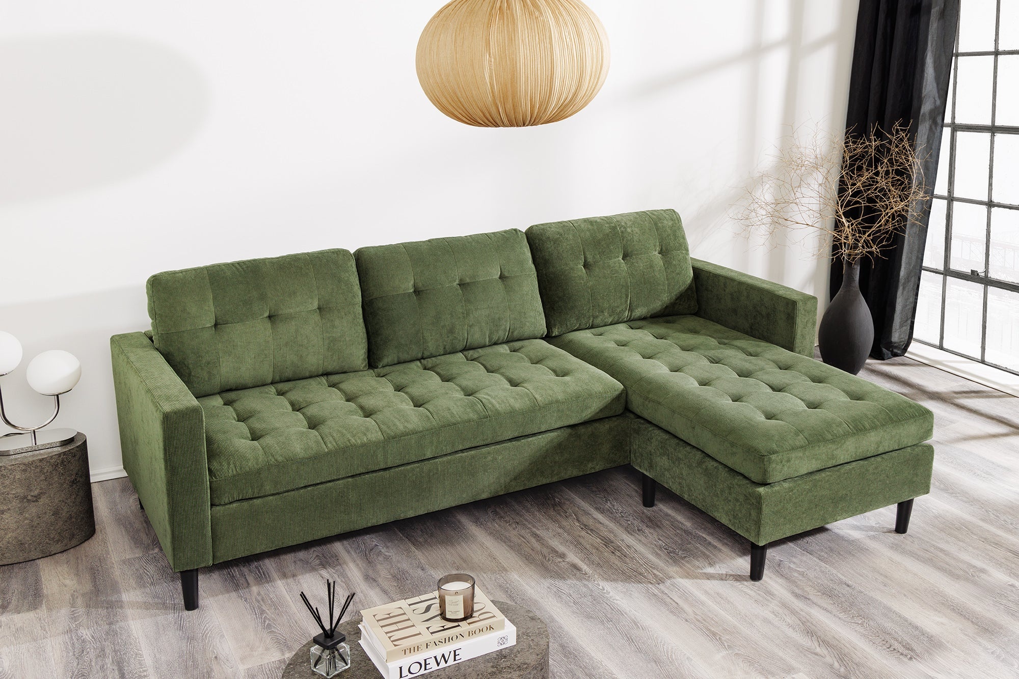Retro hoekbank STOCKHOLM 220cm Groen corduroy stof Spring Core 3-zits - 44152 afbeelding