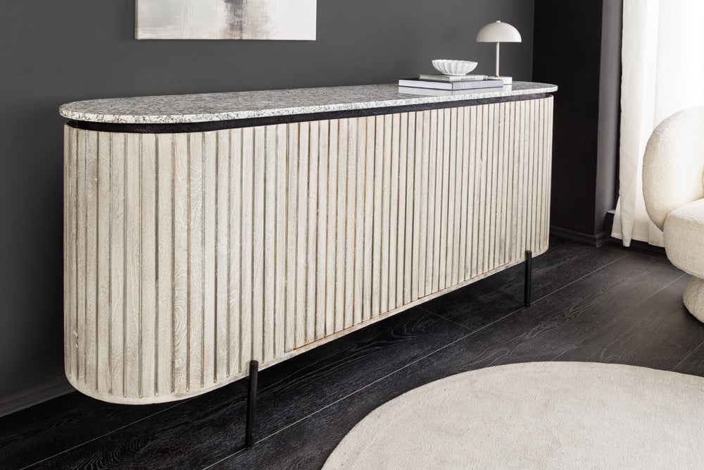 Massief dressoir ADLON 170 cm grijs geborsteld mangohout met wit marmeren blad - 47694 afbeelding