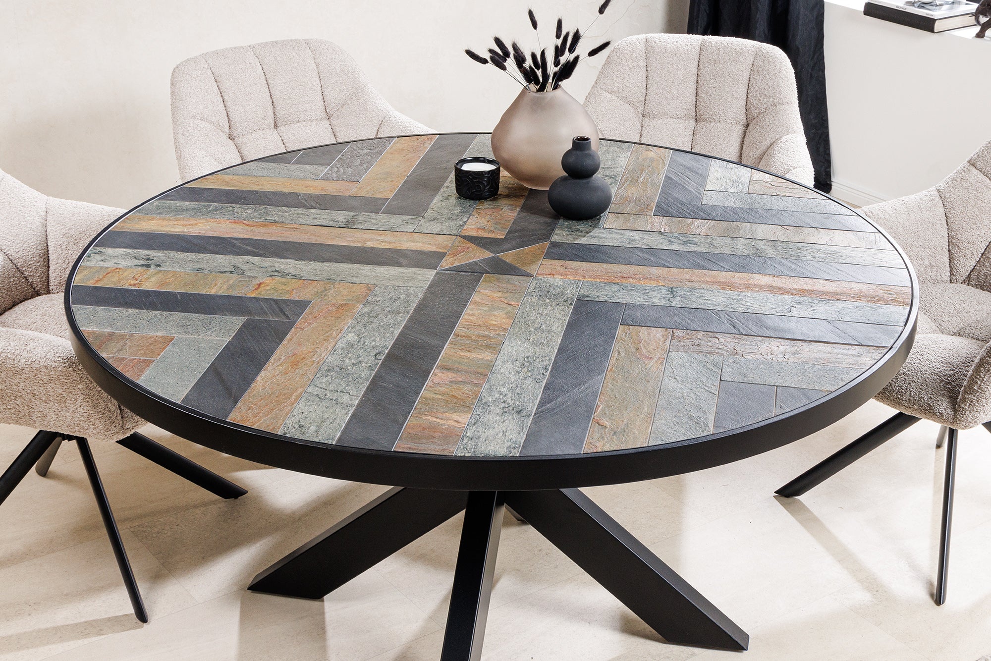 Ronde eettafel MOUNTAIN SOUL 140cm zwart grijs natuursteen ijzeren sterrenframe - 45673 afbeelding