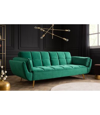 Invicta Interior Retro slaapbank BOUTIQUE 215cm smaragdgroen fluweel 3 zits met gouden poten - 40566