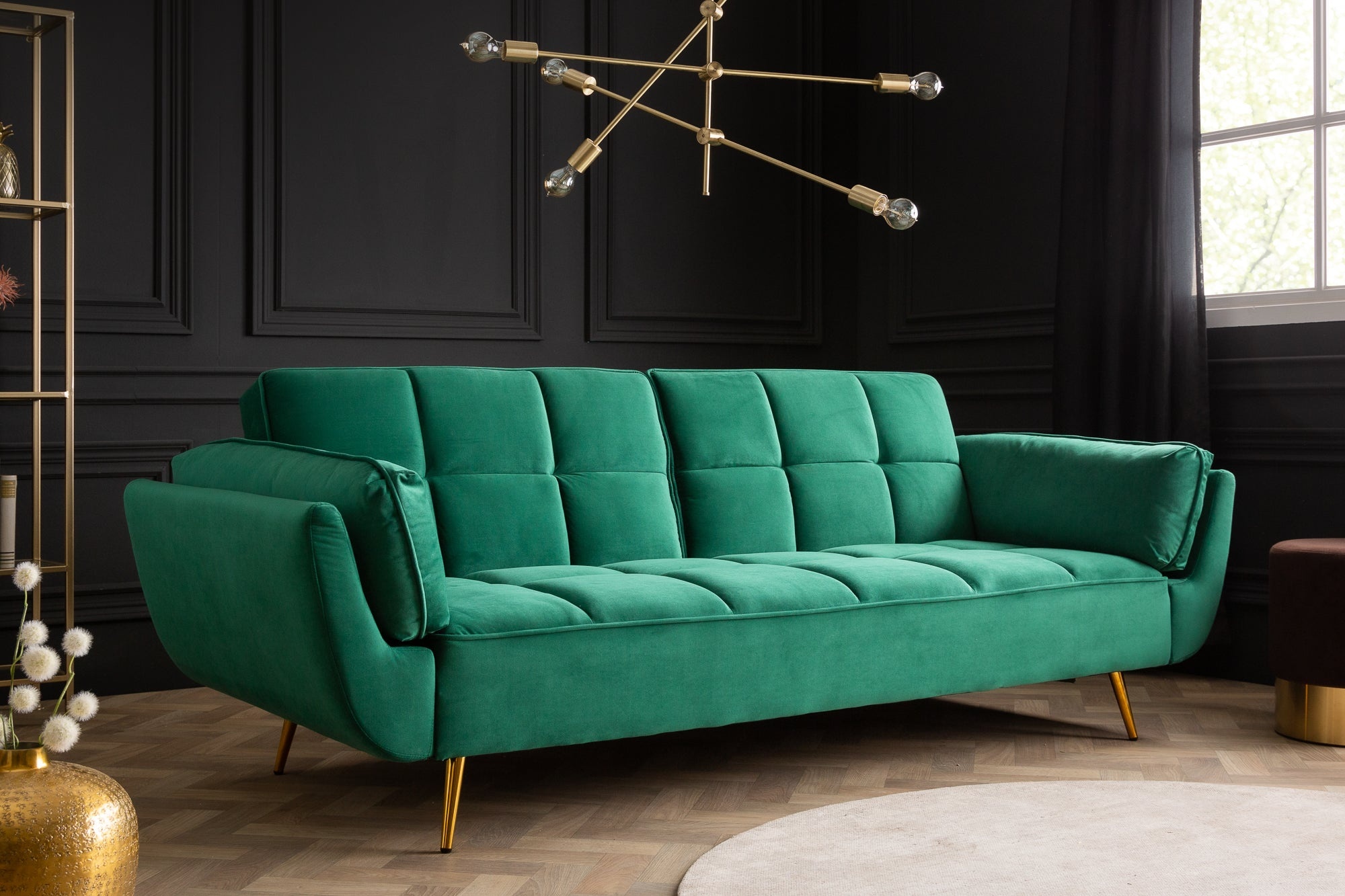 Retro slaapbank BOUTIQUE 215cm smaragdgroen fluweel 3 zits met gouden poten - 40566 afbeelding