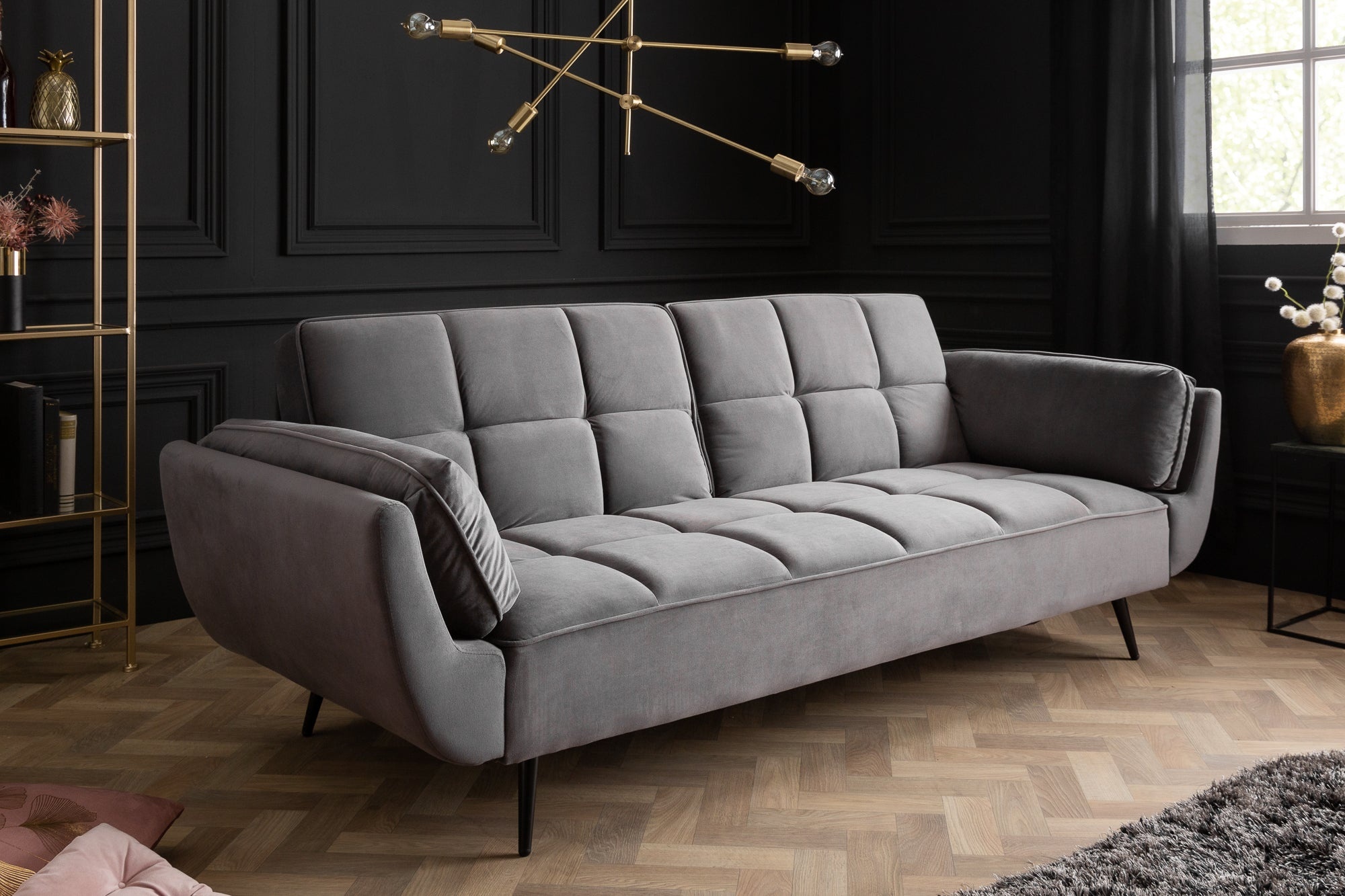 Retro slaapbank BOUTIQUE 215cm grijs fluwelen 3-zits met zwarte poten - 40567 afbeelding