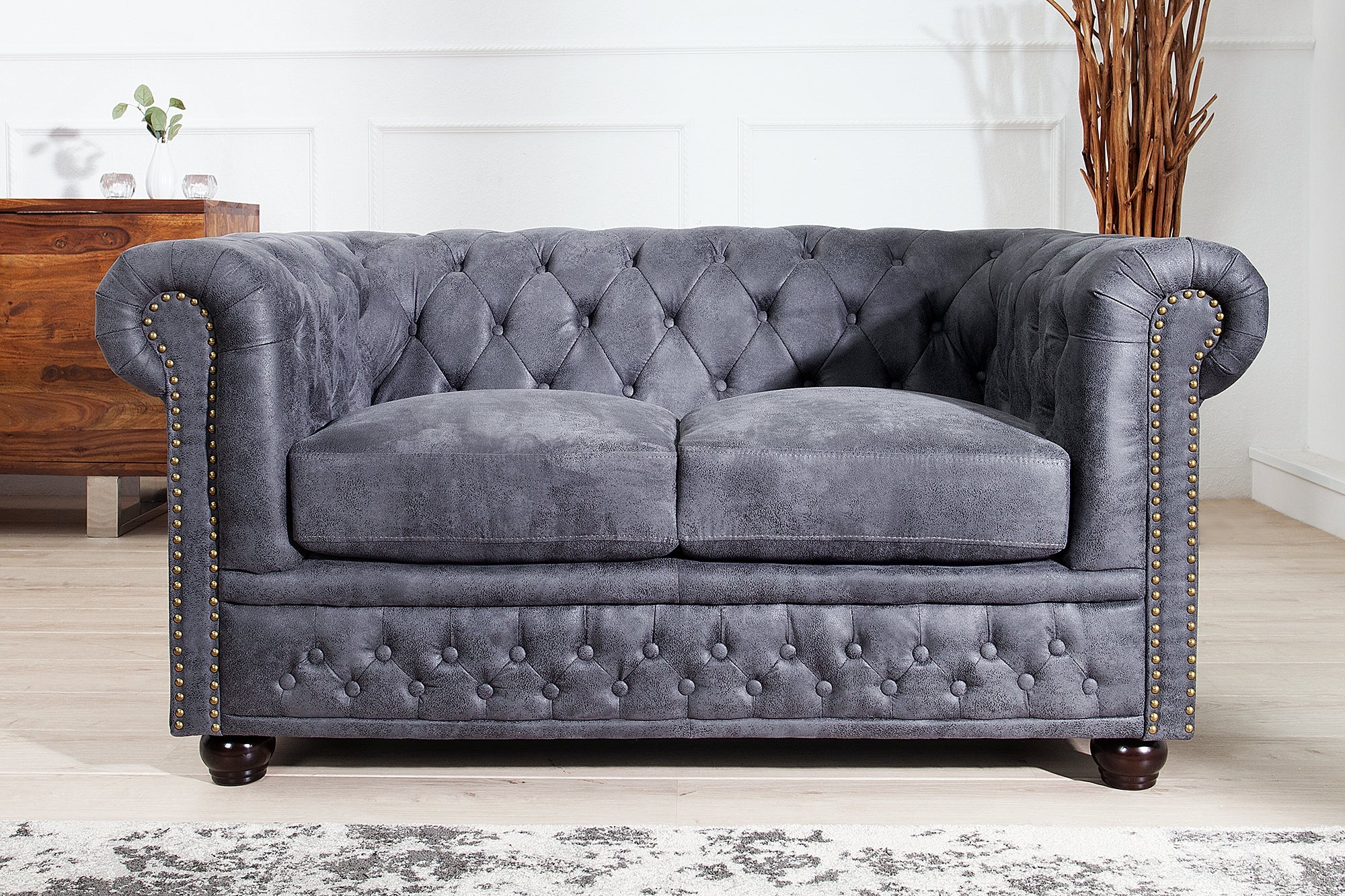 Chesterfield 2-zitsbank 150 cm antiek grijs microvezel stiksels met veerknopen - 37390 afbeelding