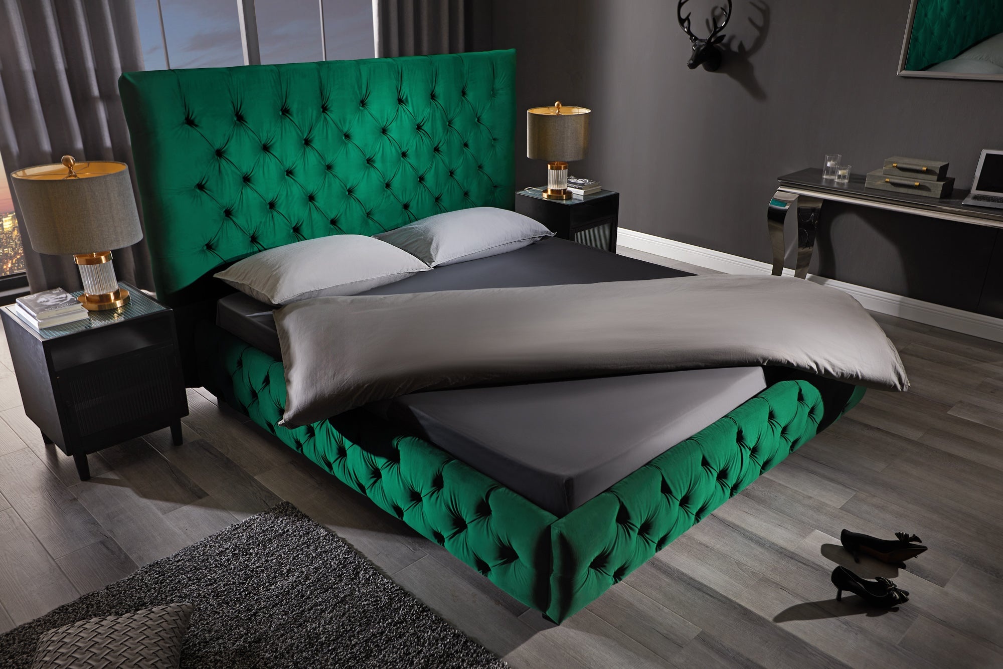 Design bedstee PARIS 180x200cm donkergroen fluweel Chesterfield tweepersoonsbed - 41336 afbeelding