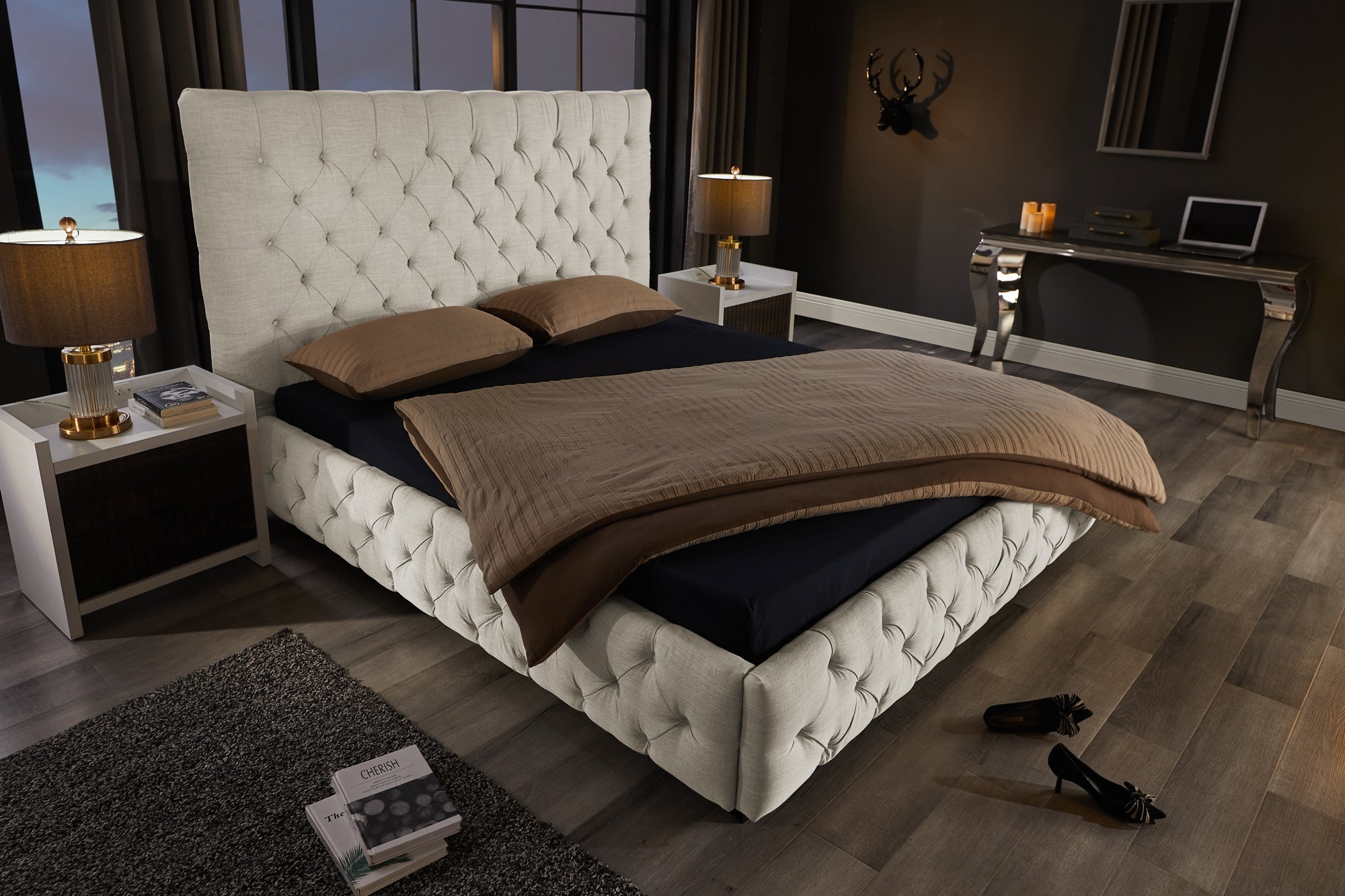 Design bedstee PARIS 180x200cm beige linnen Chesterfield tweepersoonsbed - 41328 afbeelding
